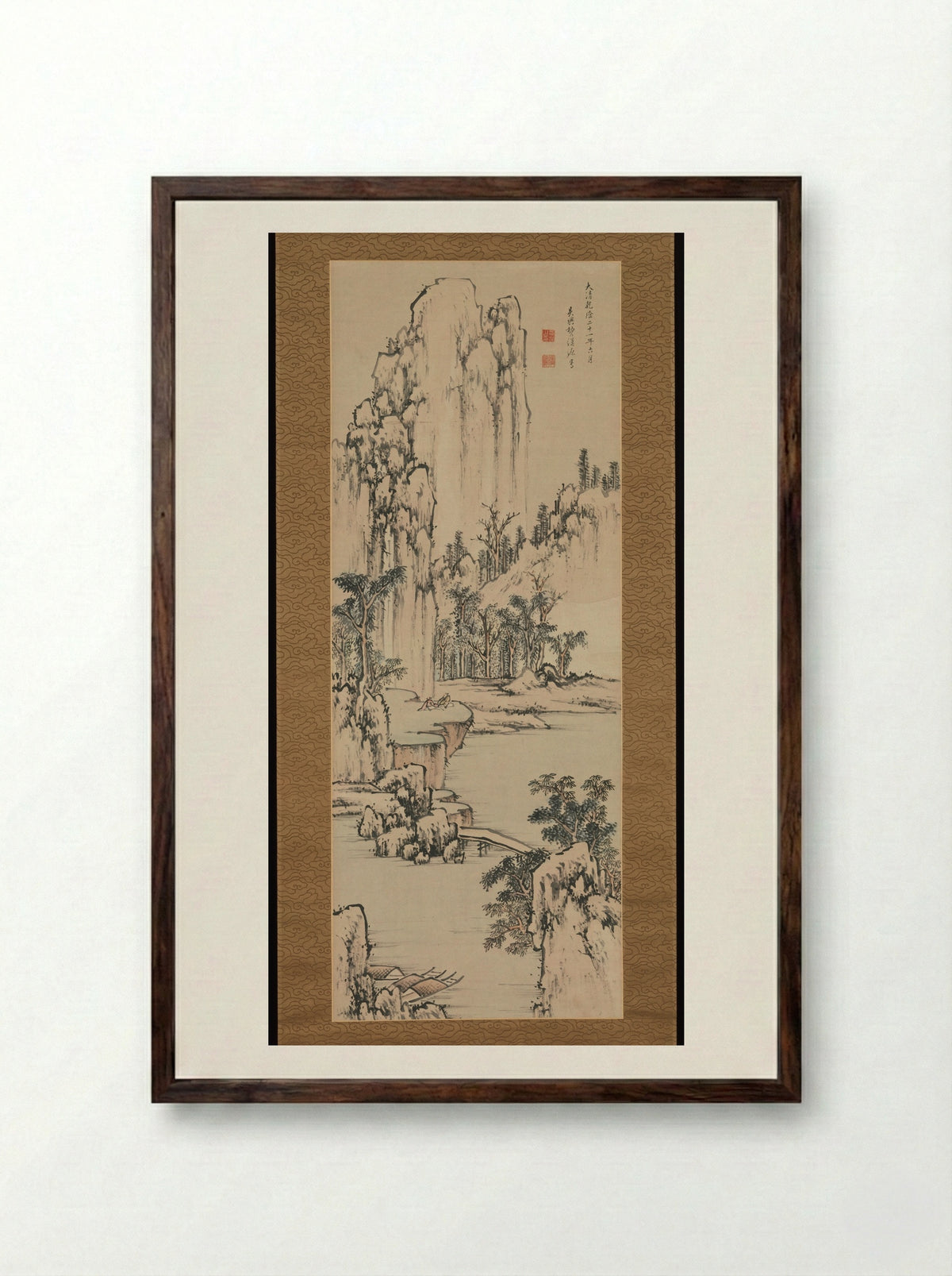 Mountain Retreat by the River - Fei Hanyuan - Framed Print Dark Wood