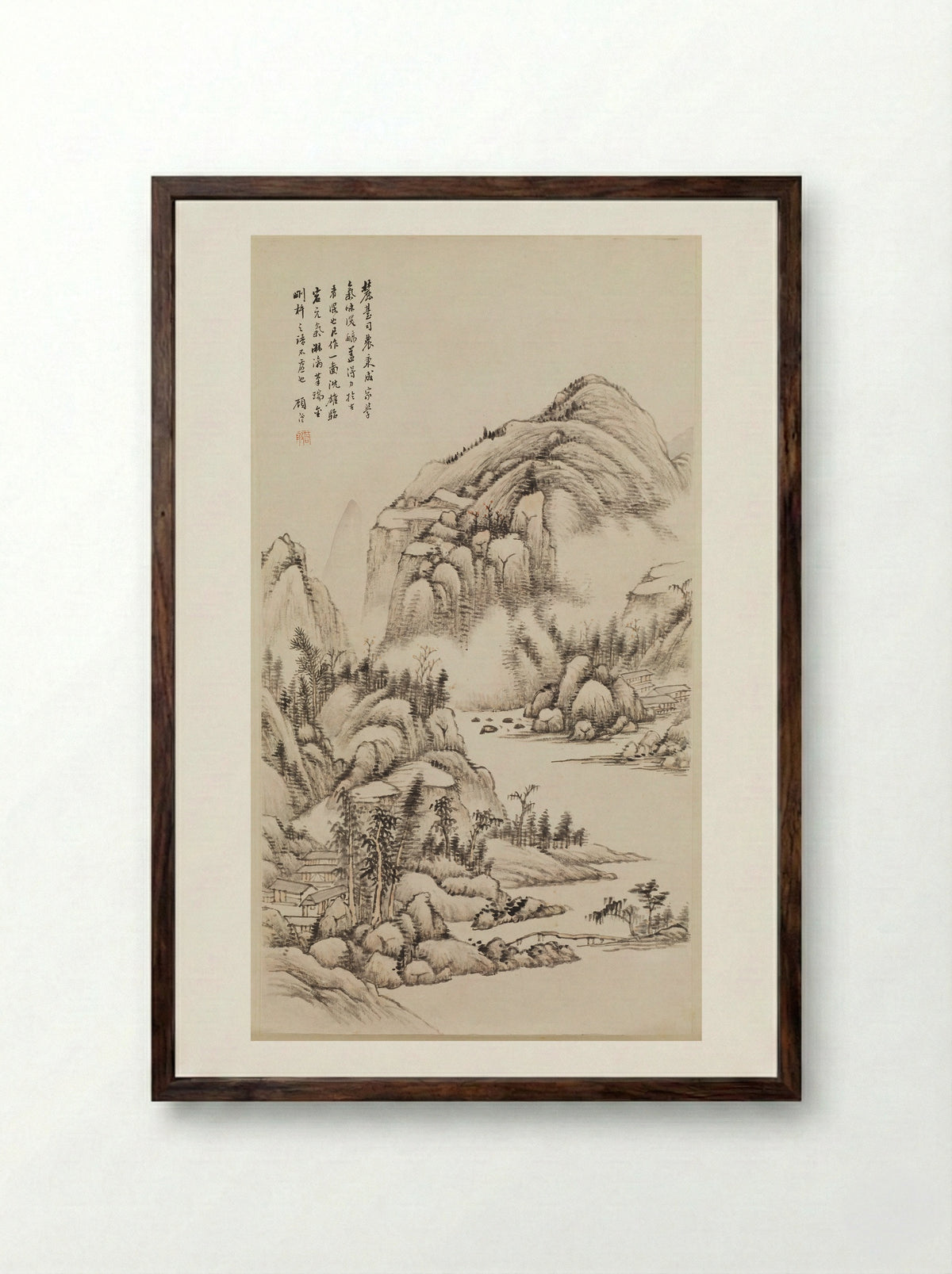 Mountain Retreat in Mist - Gu Yun - Framed Print Dark Wood
