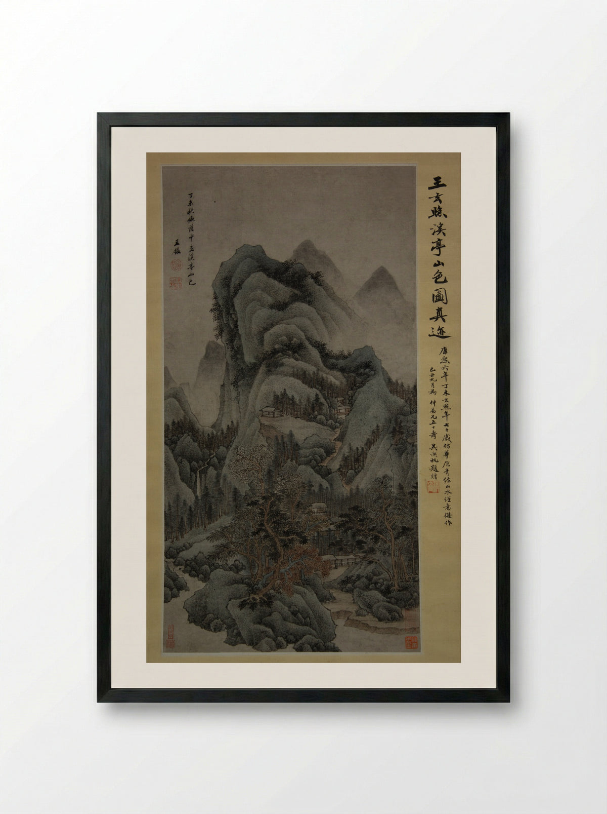 Mountain Scenery with Streams and Pavilions in the Style of Fan Kuan - Wang Jian - Framed Print Black