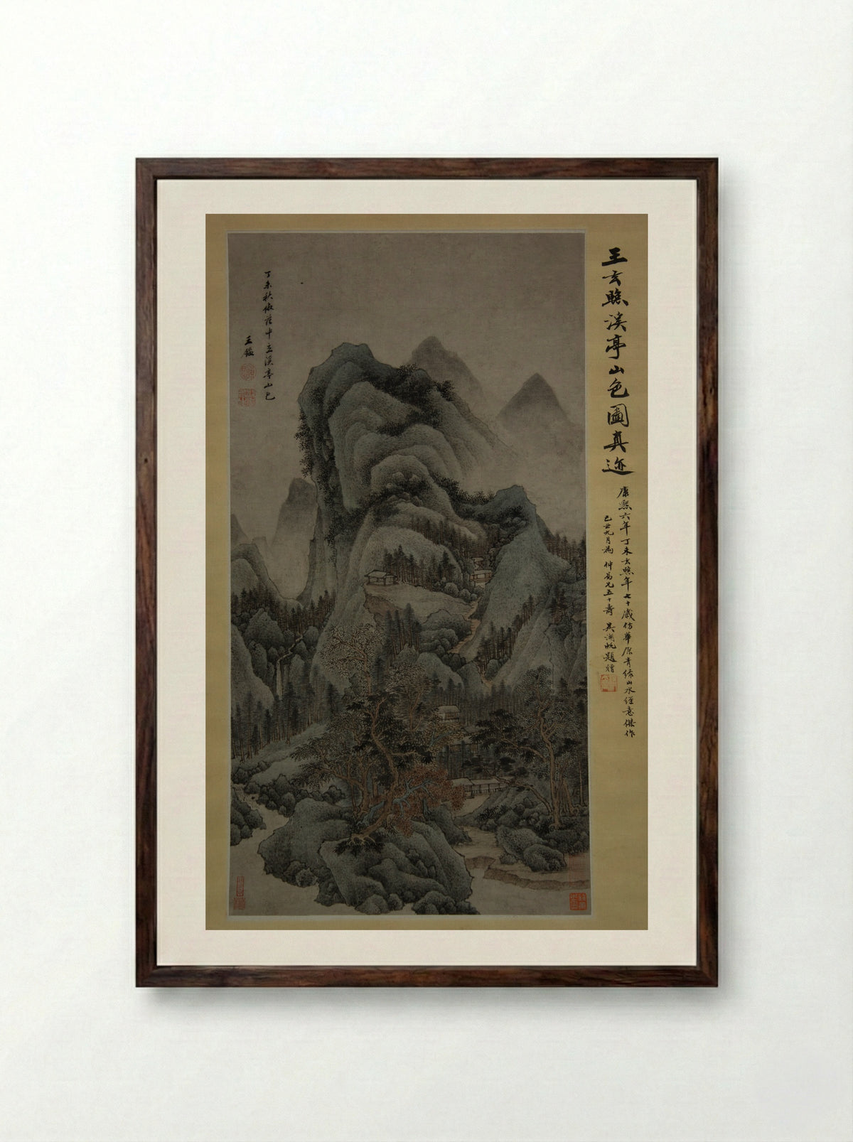 Mountain Scenery with Streams and Pavilions in the Style of Fan Kuan - Wang Jian - Framed Print Dark Wood