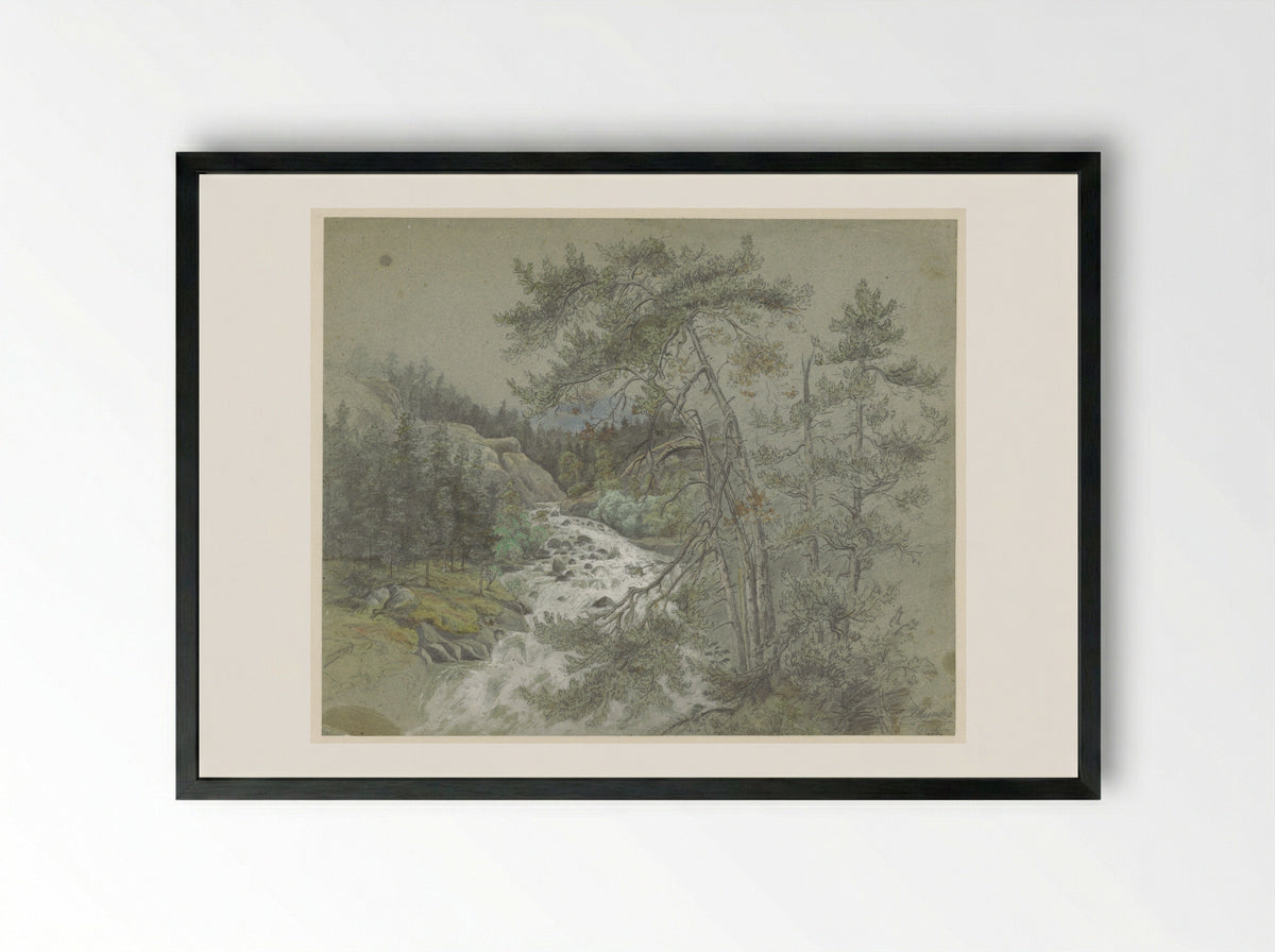 Mountain Waterfall - Ludwig Munthe - Framed Print Black