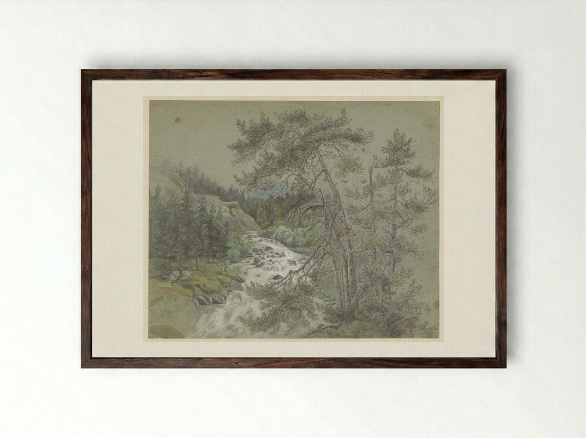 Mountain Waterfall - Ludwig Munthe - Framed Print Dark Wood