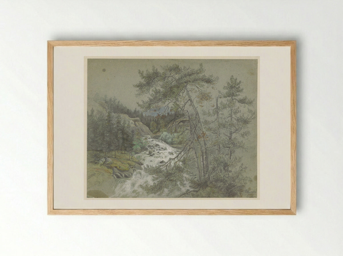 Mountain Waterfall - Ludwig Munthe - Framed Print Wood