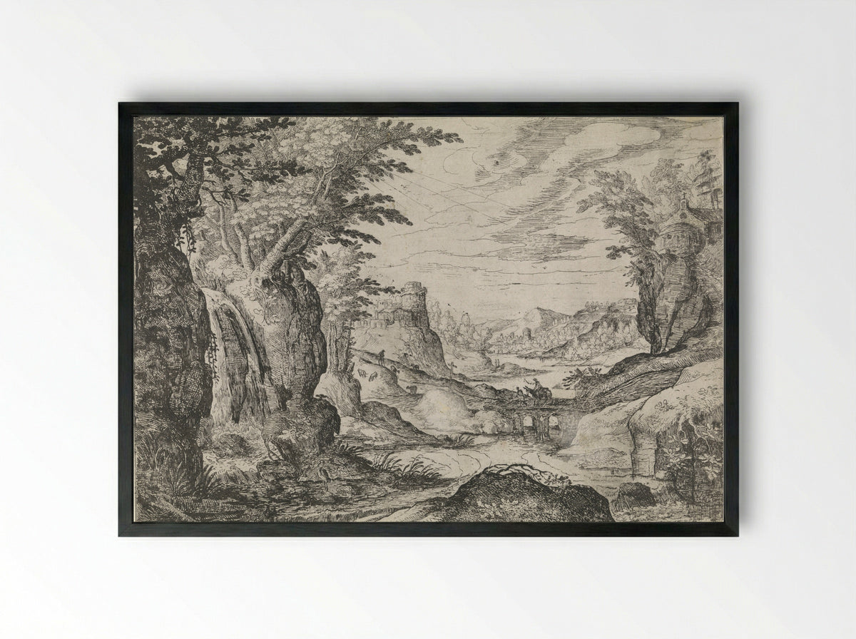 Mountainous Landscape with River and Bridge - Nicolas Moillon - Framed Print Black