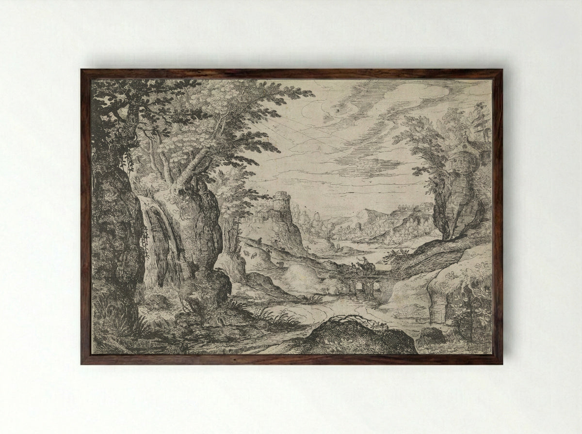 Mountainous Landscape with River and Bridge - Nicolas Moillon - Framed Print Dark Wood