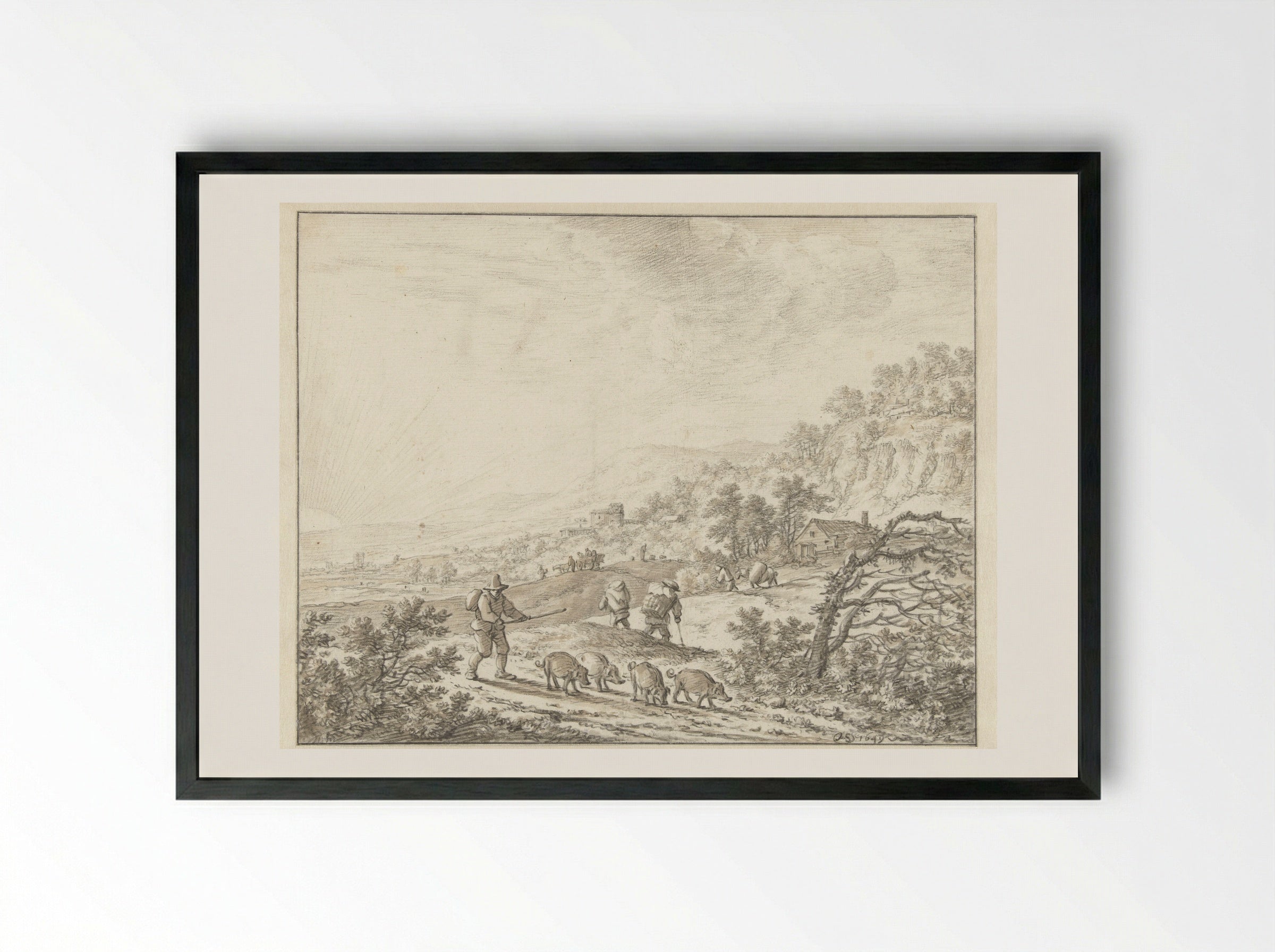 Mountainous Landscape with Sunset - Herman Saftleven - Framed Print Black