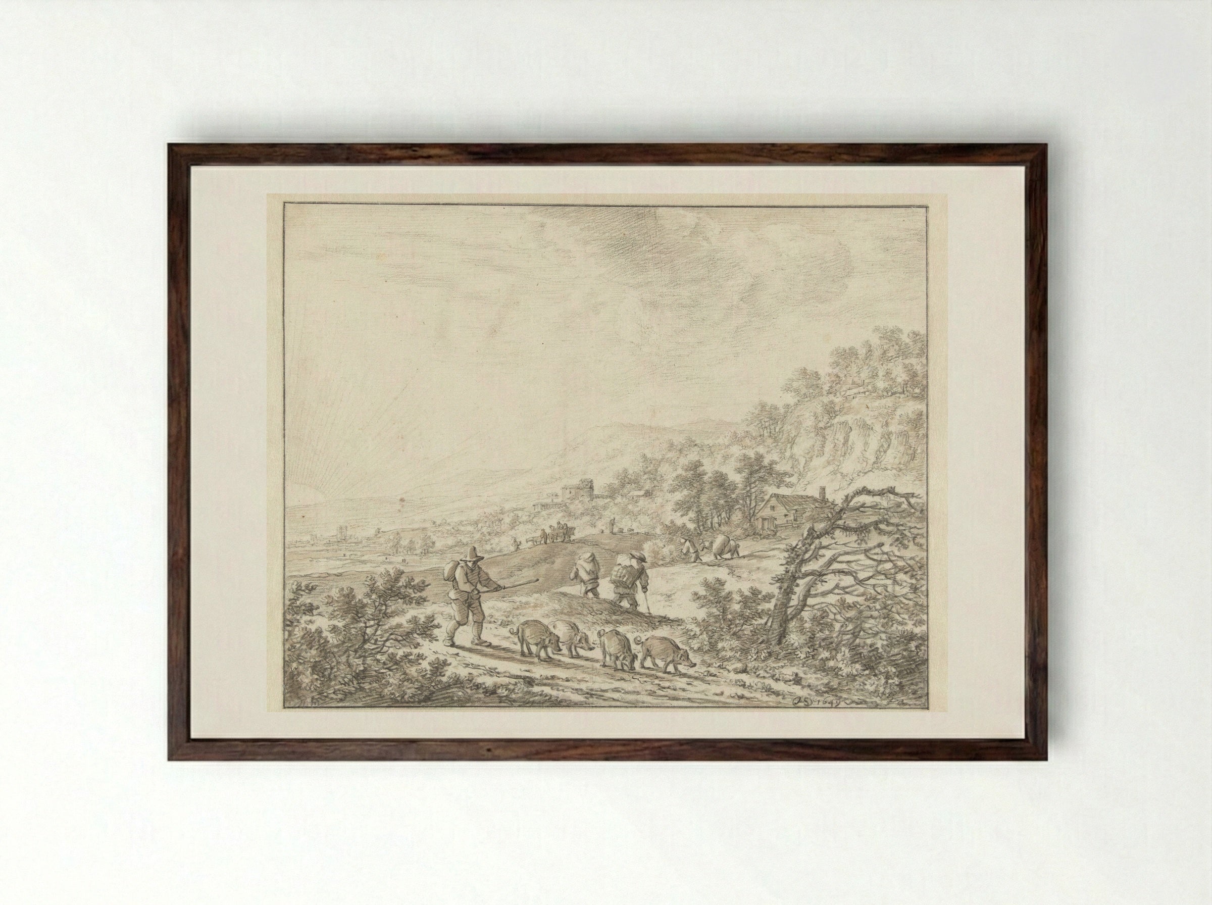Mountainous Landscape with Sunset - Herman Saftleven - Framed Print Dark Wood