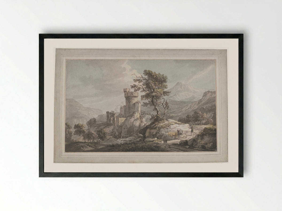 Mountainous Landscape with a Castle - Paul Sandby - Framed Print Black