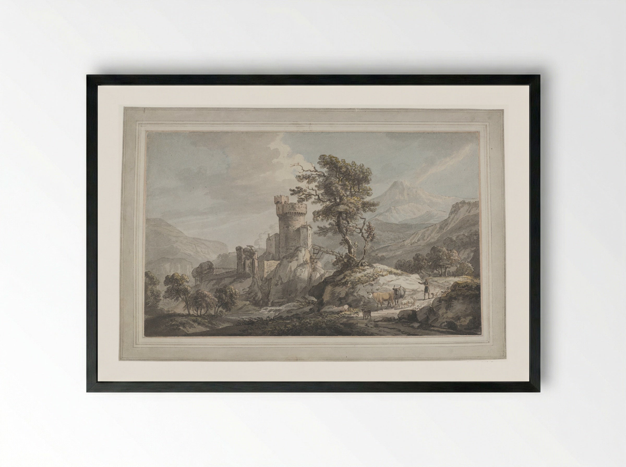 Mountainous Landscape with a Castle - Paul Sandby - Framed Print Black