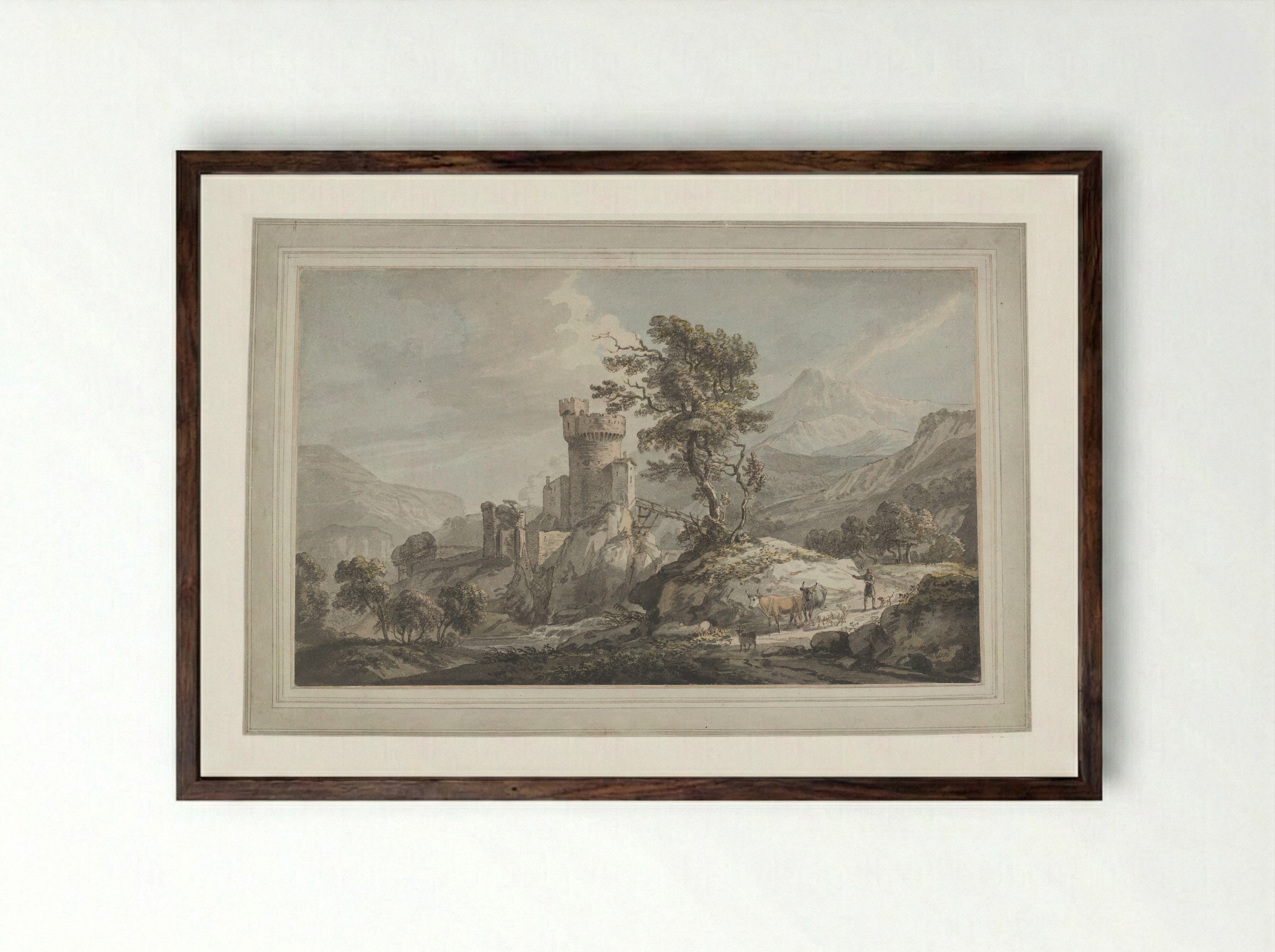 Mountainous Landscape with a Castle - Paul Sandby - Framed Print Dark Wood