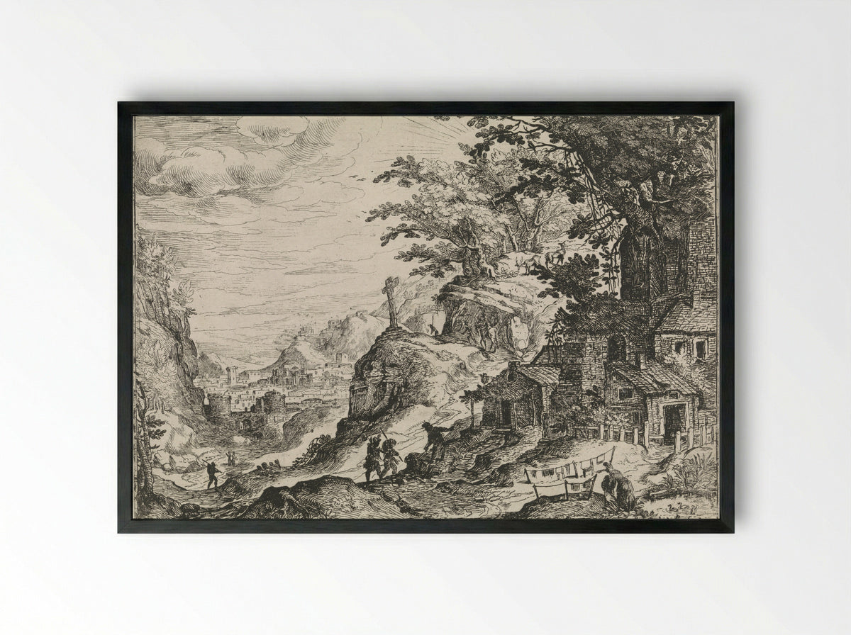 Mountainous Landscape with a Walled City in the Valley - Nicolas Moillon - Framed Print Black