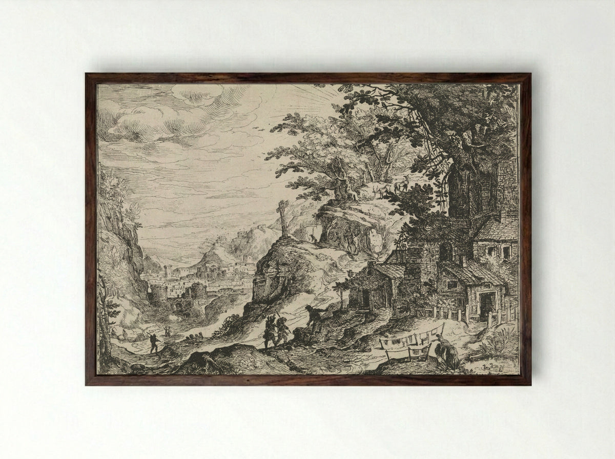 Mountainous Landscape with a Walled City in the Valley - Nicolas Moillon - Framed Print Dark Wood