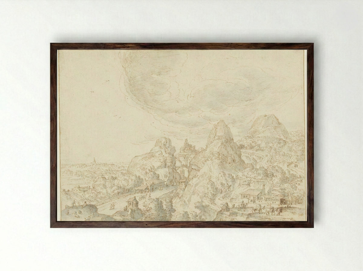 Mountainous Landscape with a Winding Road - Hendrick van Cleve III - Framed Print Dark Wood