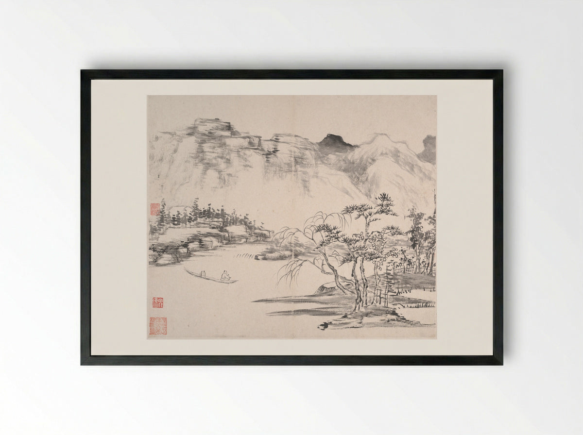 Mountainous River Scene - Yi Bingshou - Framed Print Black