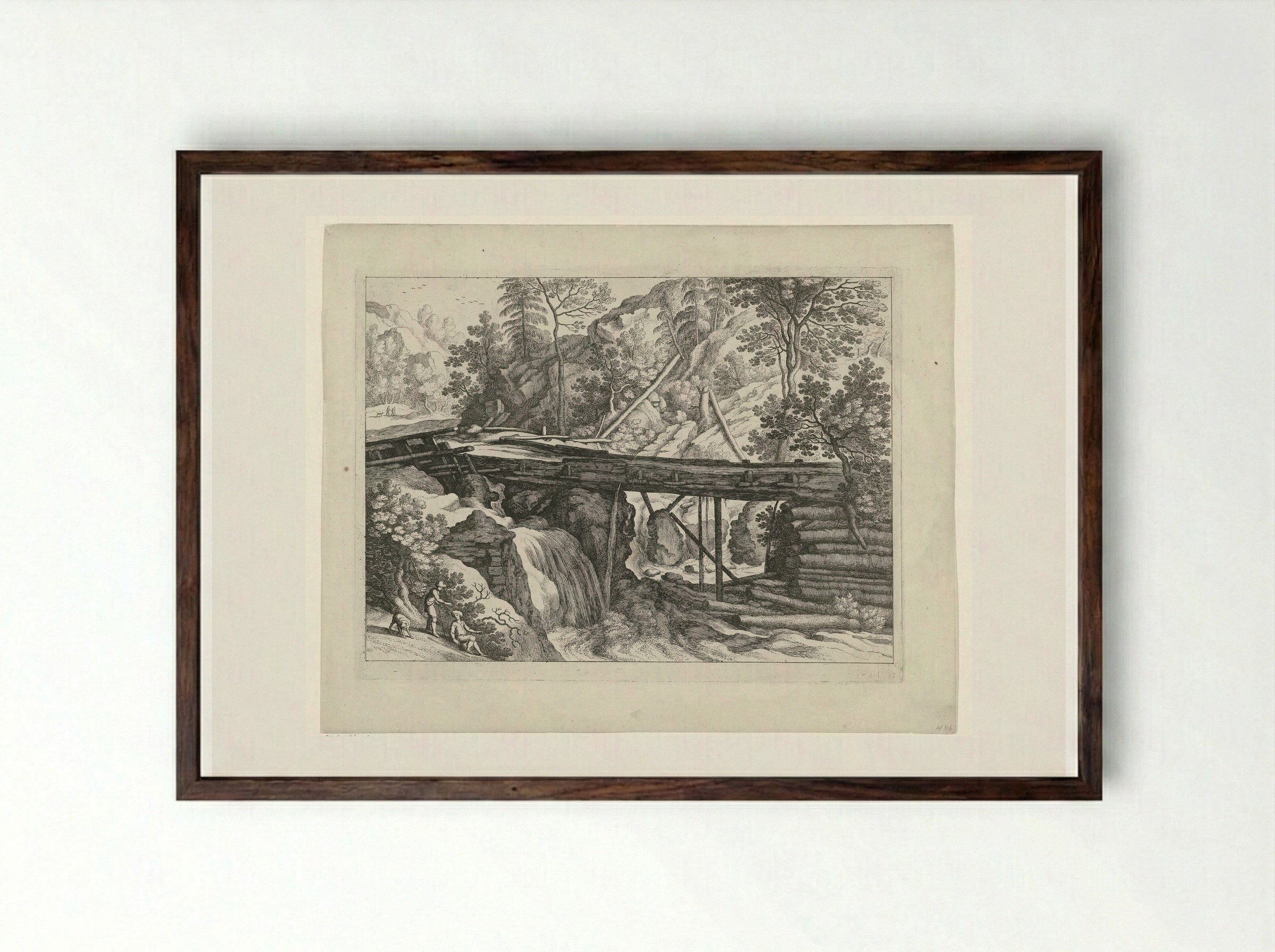 Mountainous Scene with Wooden Aqueduct - Guilliam van Nieulandt (II) - Framed Print Dark Wood
