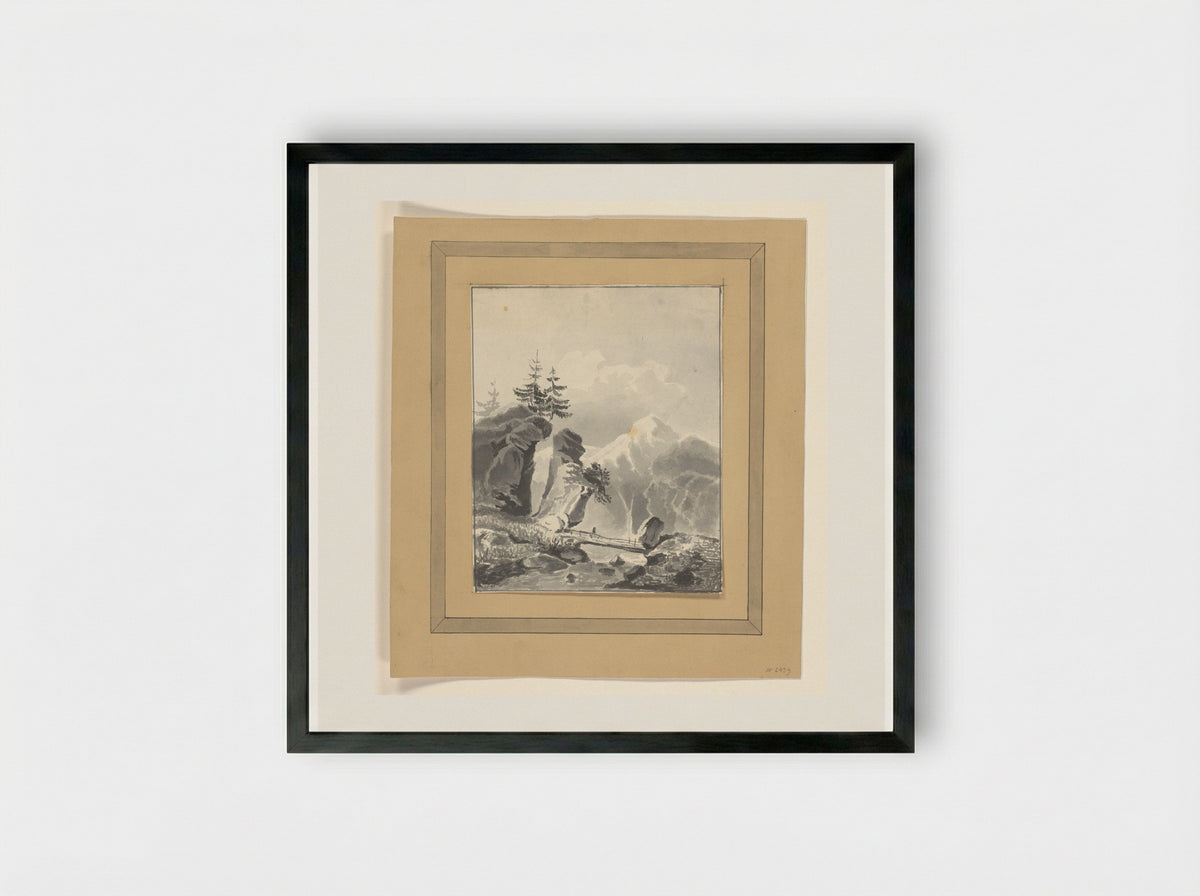 Mountainous Scene with Wooden Bridge over a River - Johannes van Reijn - Framed Print Black