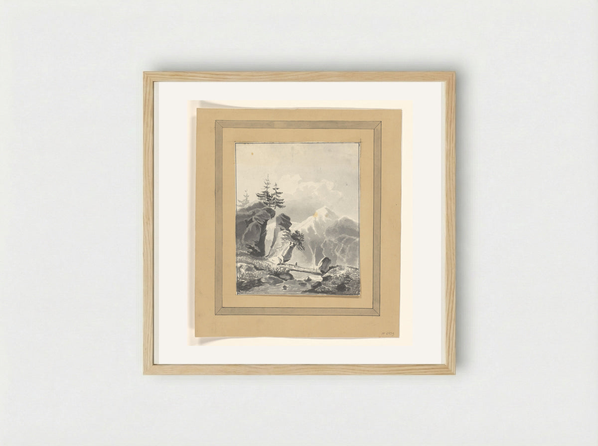 Mountainous Scene with Wooden Bridge over a River - Johannes van Reijn - Framed Print Wood