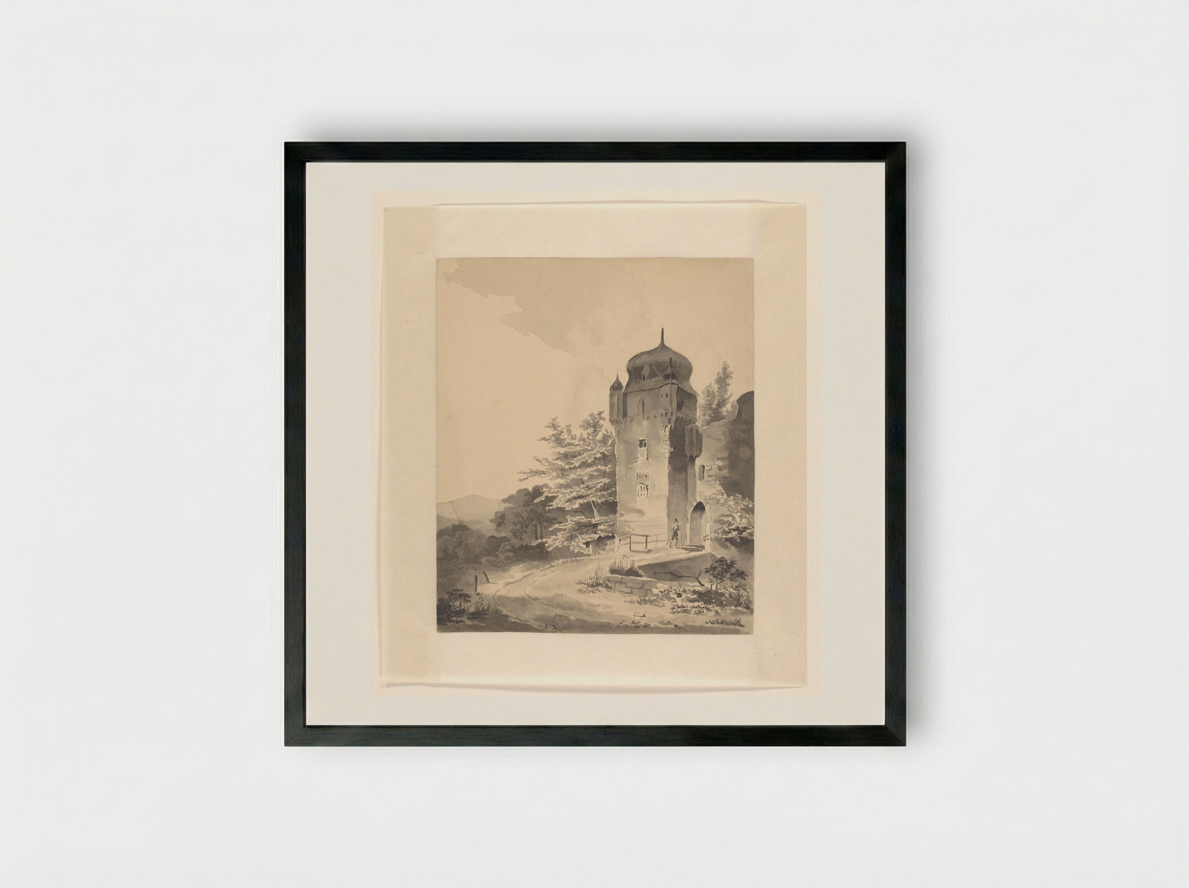 Mountainous Scene with a Traveller near a Tower - Johannes van Reijn - Framed Print Black