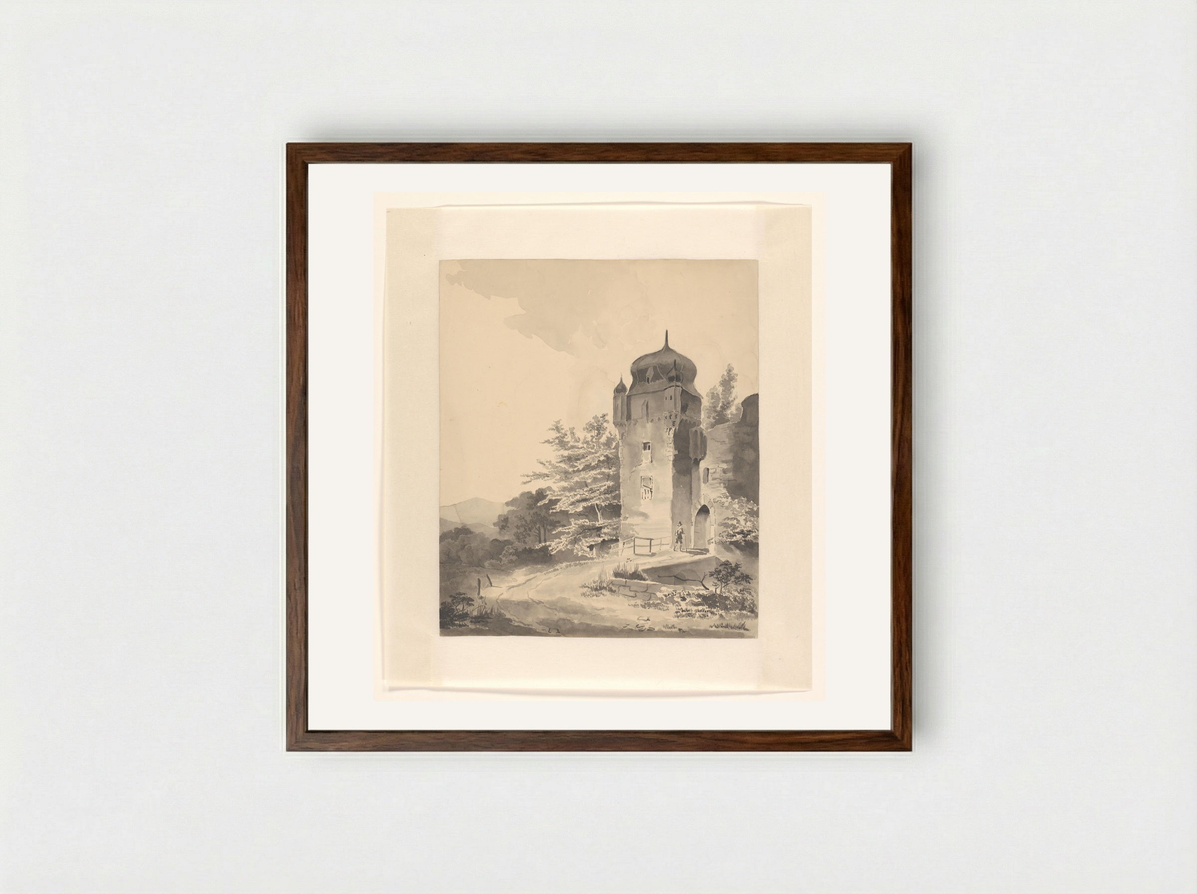 Mountainous Scene with a Traveller near a Tower - Johannes van Reijn - Framed Print Dark Wood