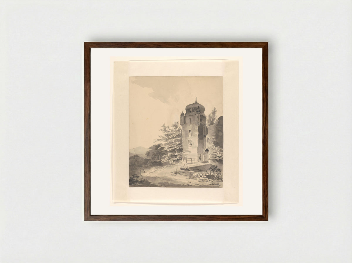 Mountainous Scene with a Traveller near a Tower - Johannes van Reijn - Framed Print Dark Wood