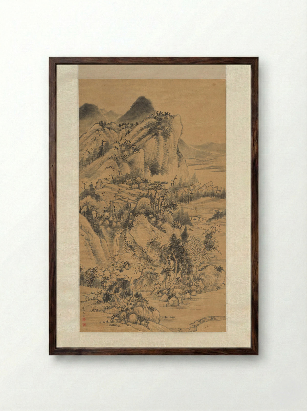 Mountainous Scenery with Pavilions - Dong Gao - Framed Print Dark Wood