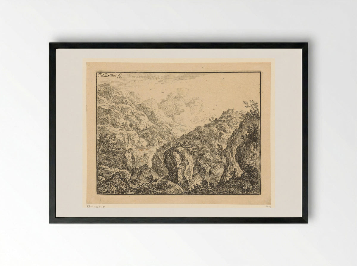 Mountainous View with Waterfalls and a Draughtsman - Heinrich Jonas Ostertag - Framed Print Black