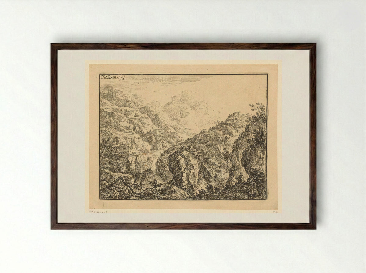 Mountainous View with Waterfalls and a Draughtsman - Heinrich Jonas Ostertag - Framed Print Dark Wood