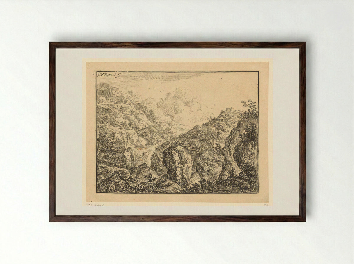 Mountainous View with Waterfalls and a Draughtsman - Heinrich Jonas Ostertag - Framed Print Dark Wood