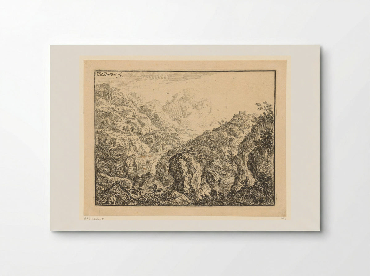 Mountainous View with Waterfalls and a Draughtsman - Heinrich Jonas Ostertag - Poster