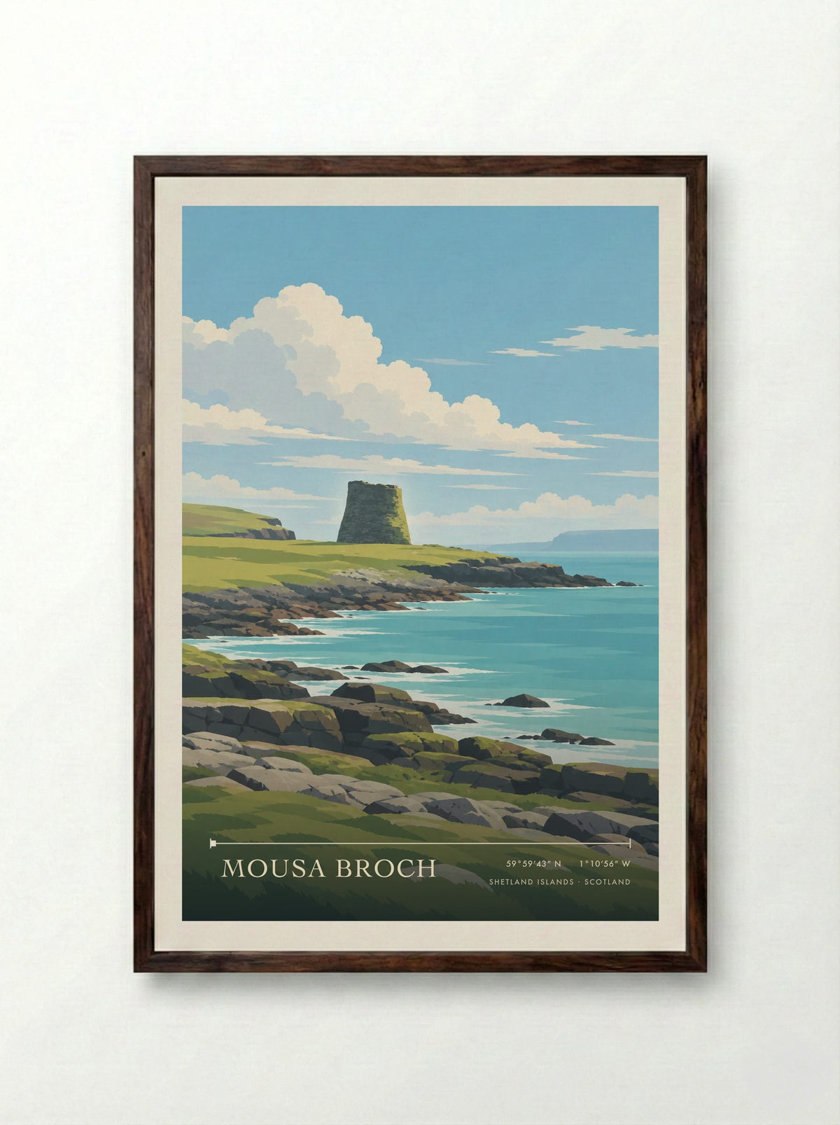 Mousa Broch, Shetland Islands | Travel Poster - Framed Print Dark Wood