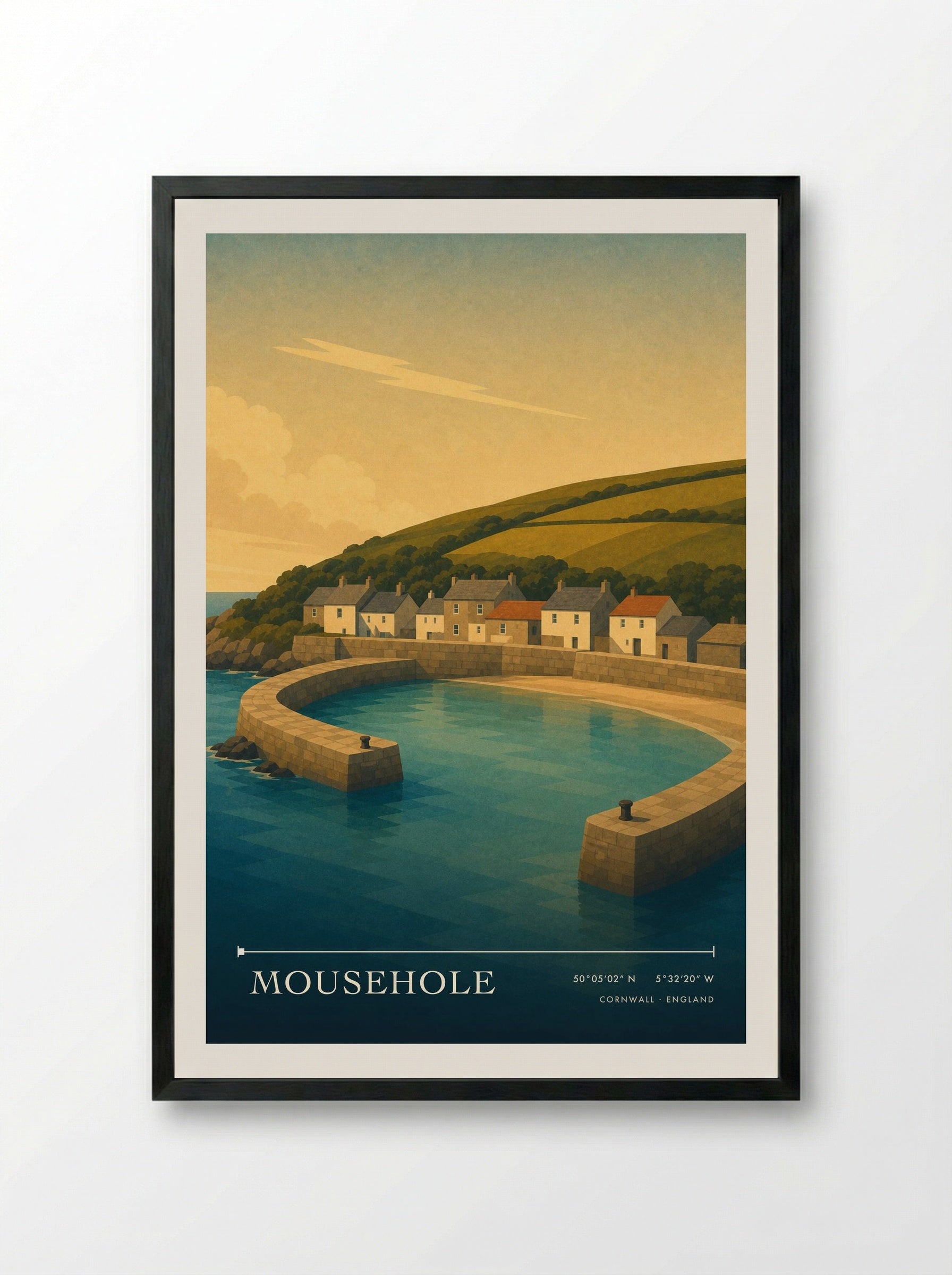 Mousehole Cornwall England Travel Poster - Framed Print Black
