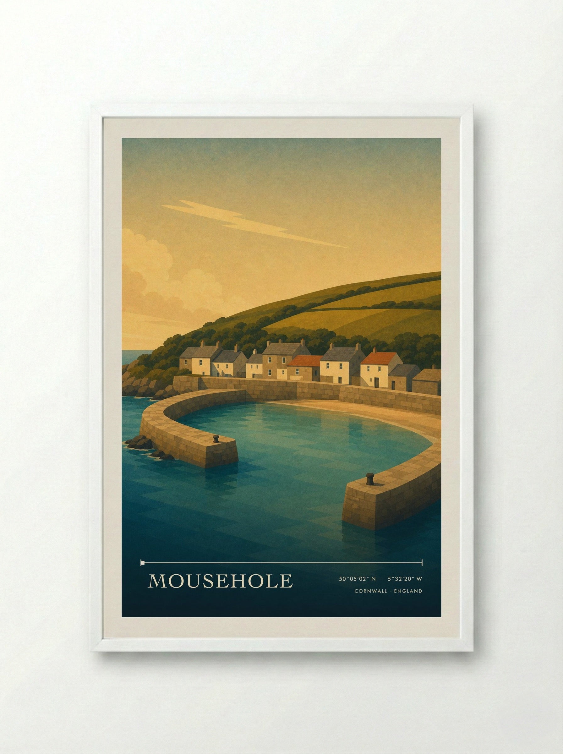 Mousehole Cornwall England Travel Poster - Framed Print White
