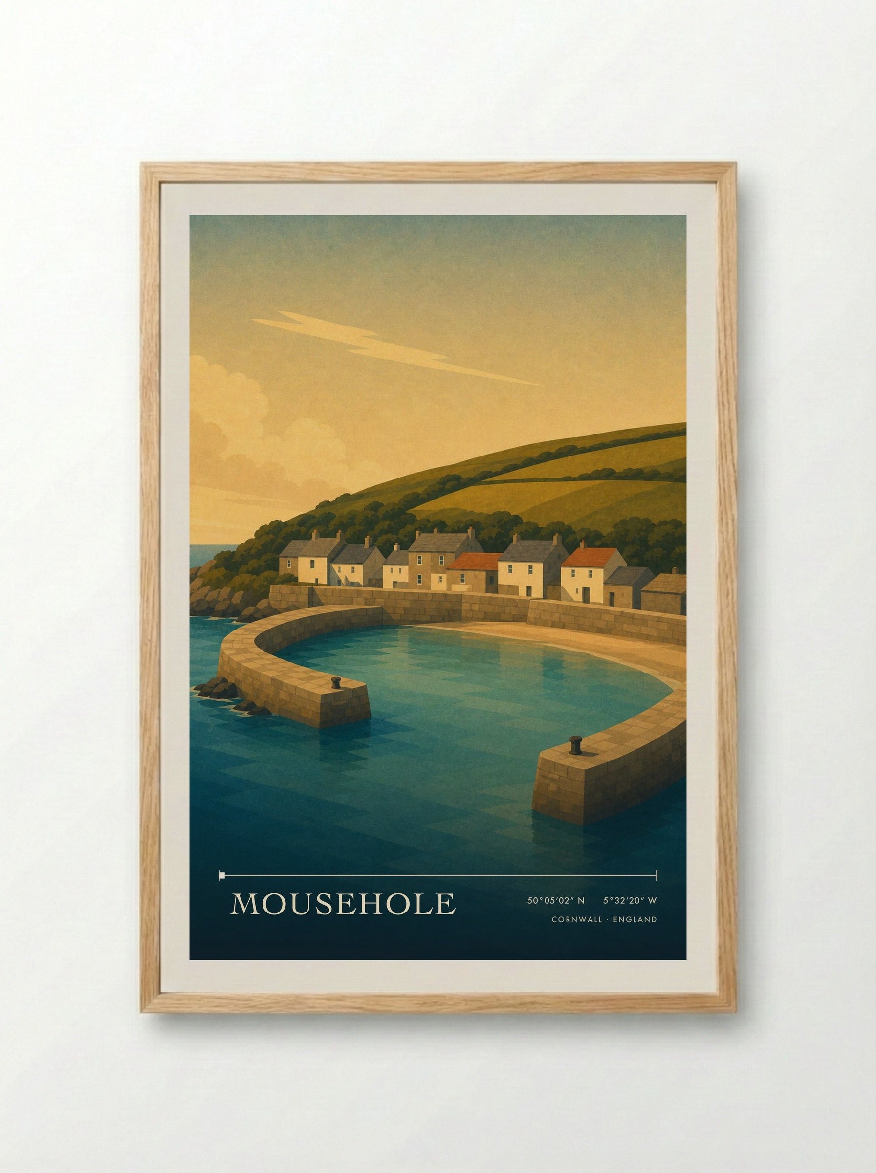 Mousehole Cornwall England Travel Poster - Framed Print Wood