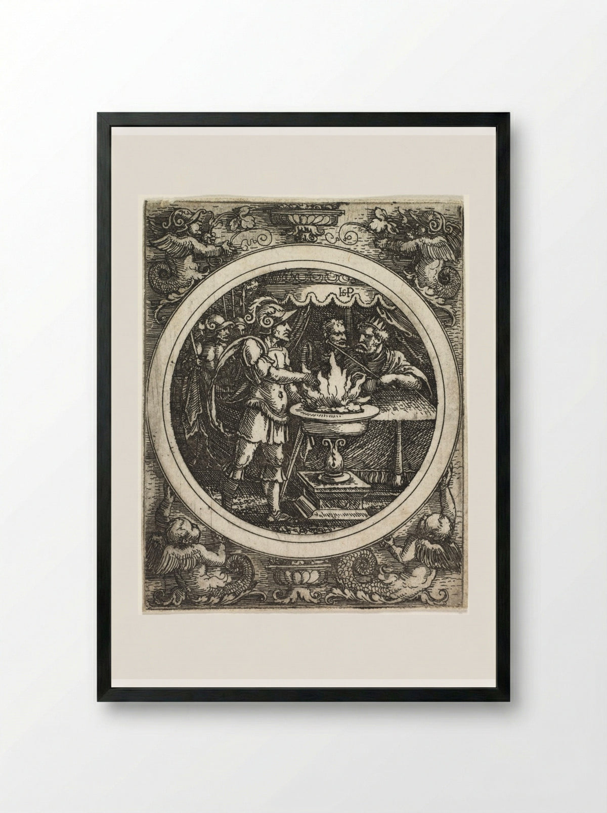 Mucius Scaevola Holding His Hand in the Fire - Hans Sebald Beham - Framed Print Black