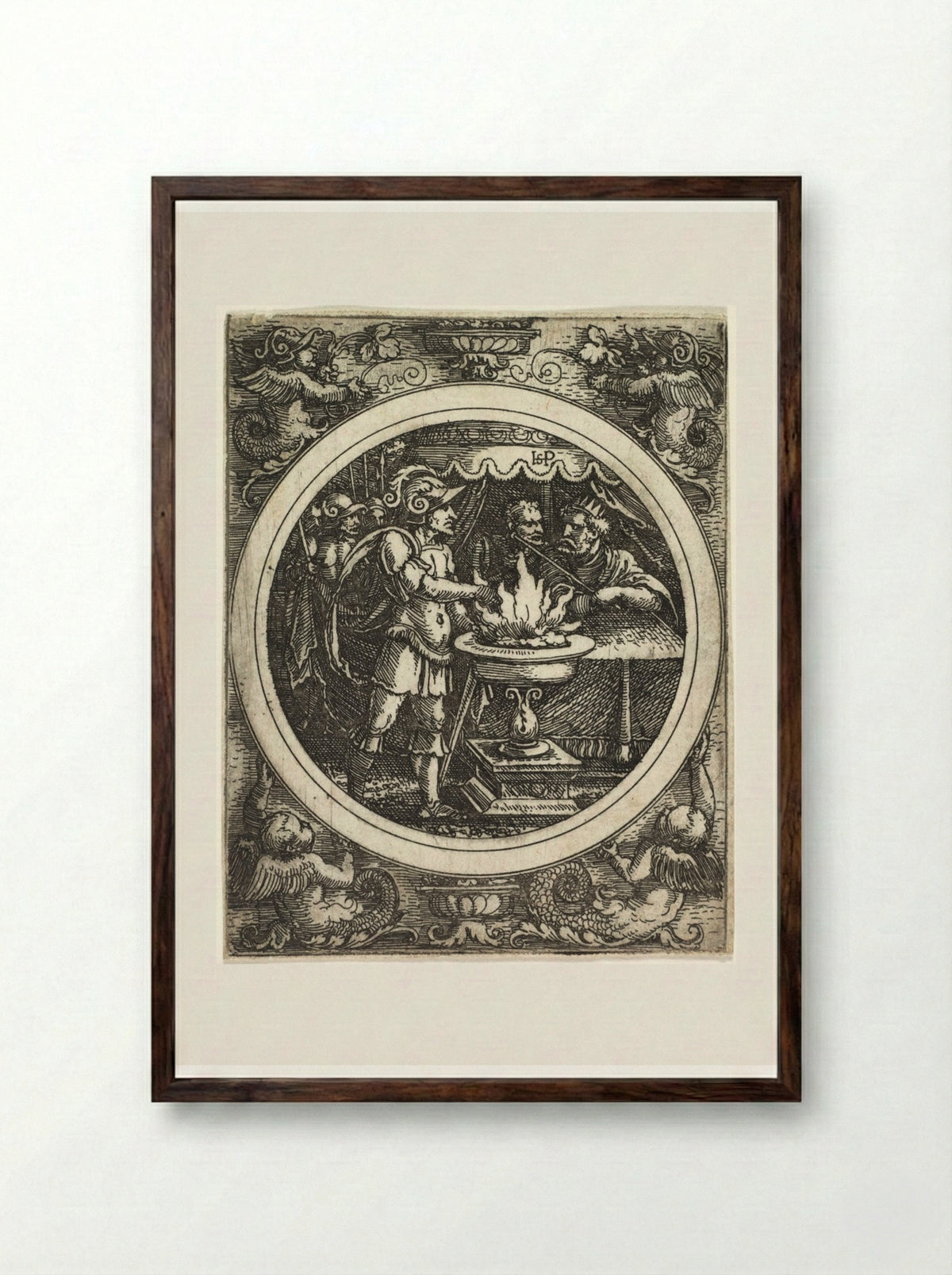 Mucius Scaevola Holding His Hand in the Fire - Hans Sebald Beham - Framed Print Dark Wood