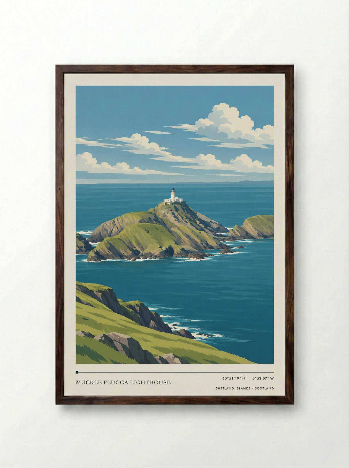 Muckle Flugga Lighthouse, Shetland Islands | Travel Poster - Framed Print Dark Wood