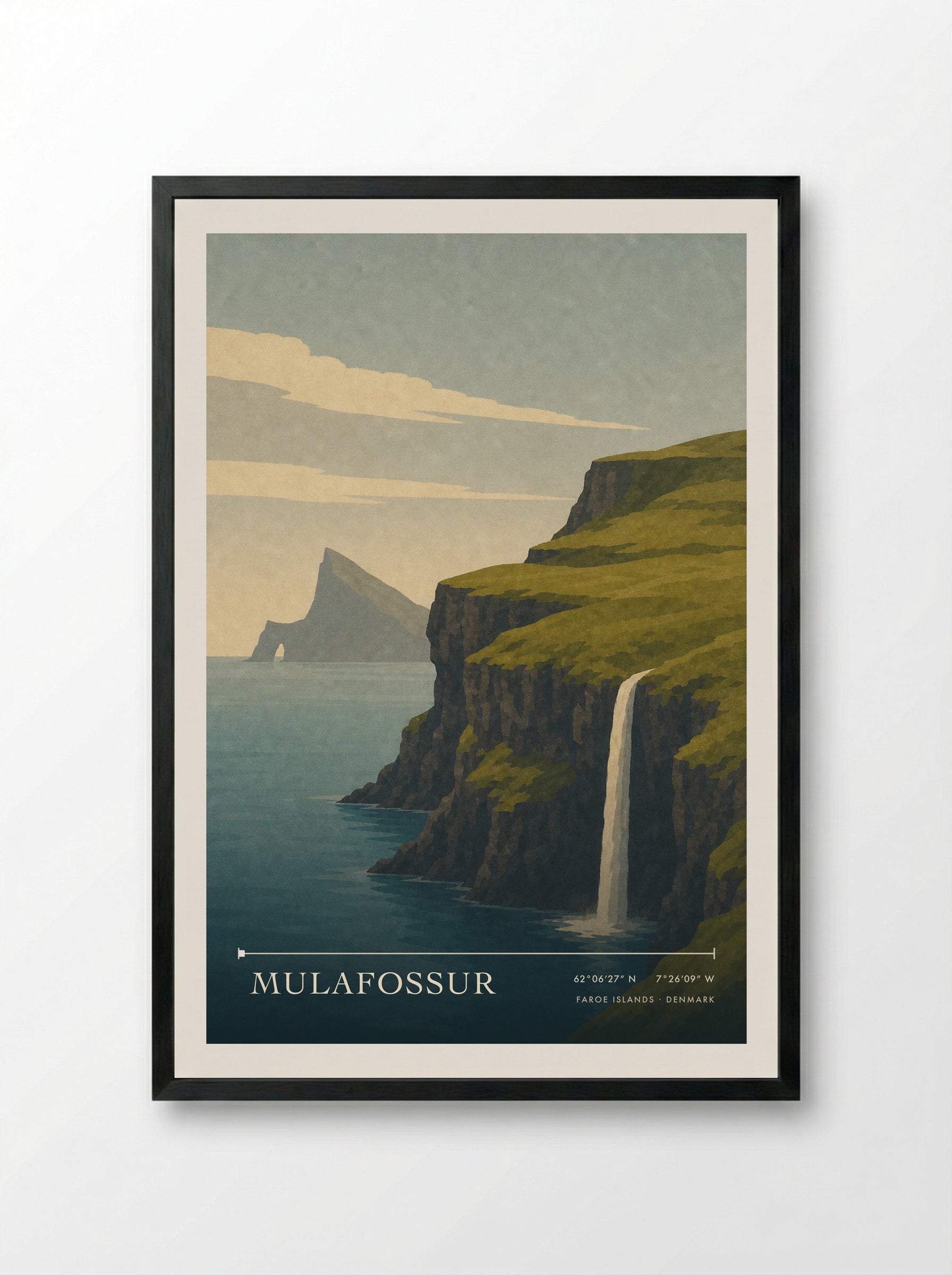 Mulafossur Travel Poster Artwork - Framed Print Black