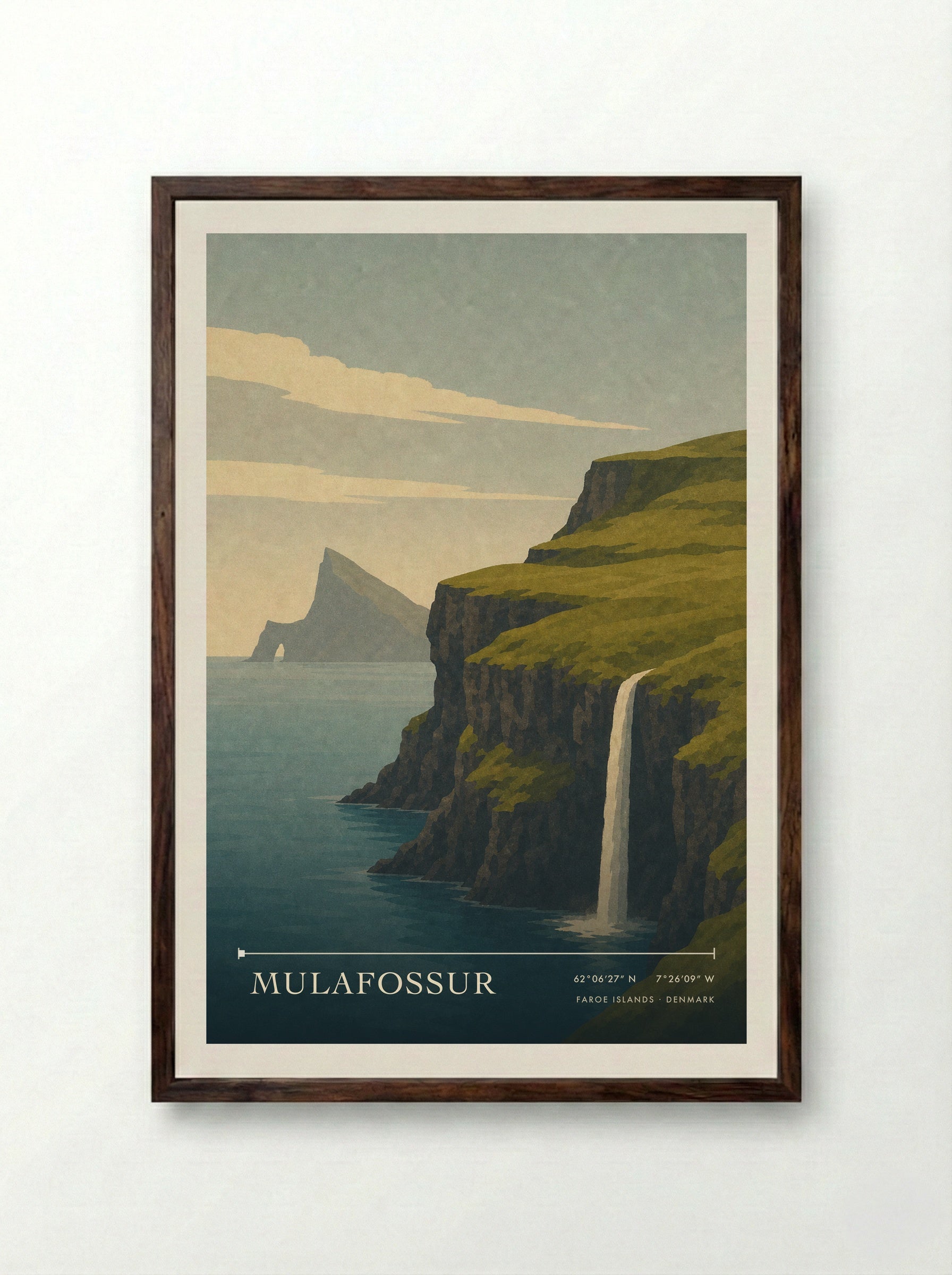 Mulafossur Travel Poster Artwork - Framed Print Dark Wood