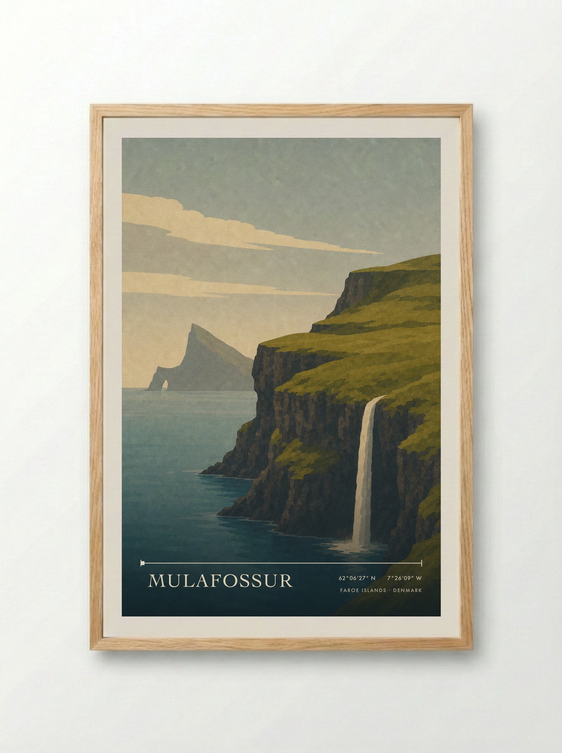 Mulafossur Travel Poster Artwork - Framed Print Wood
