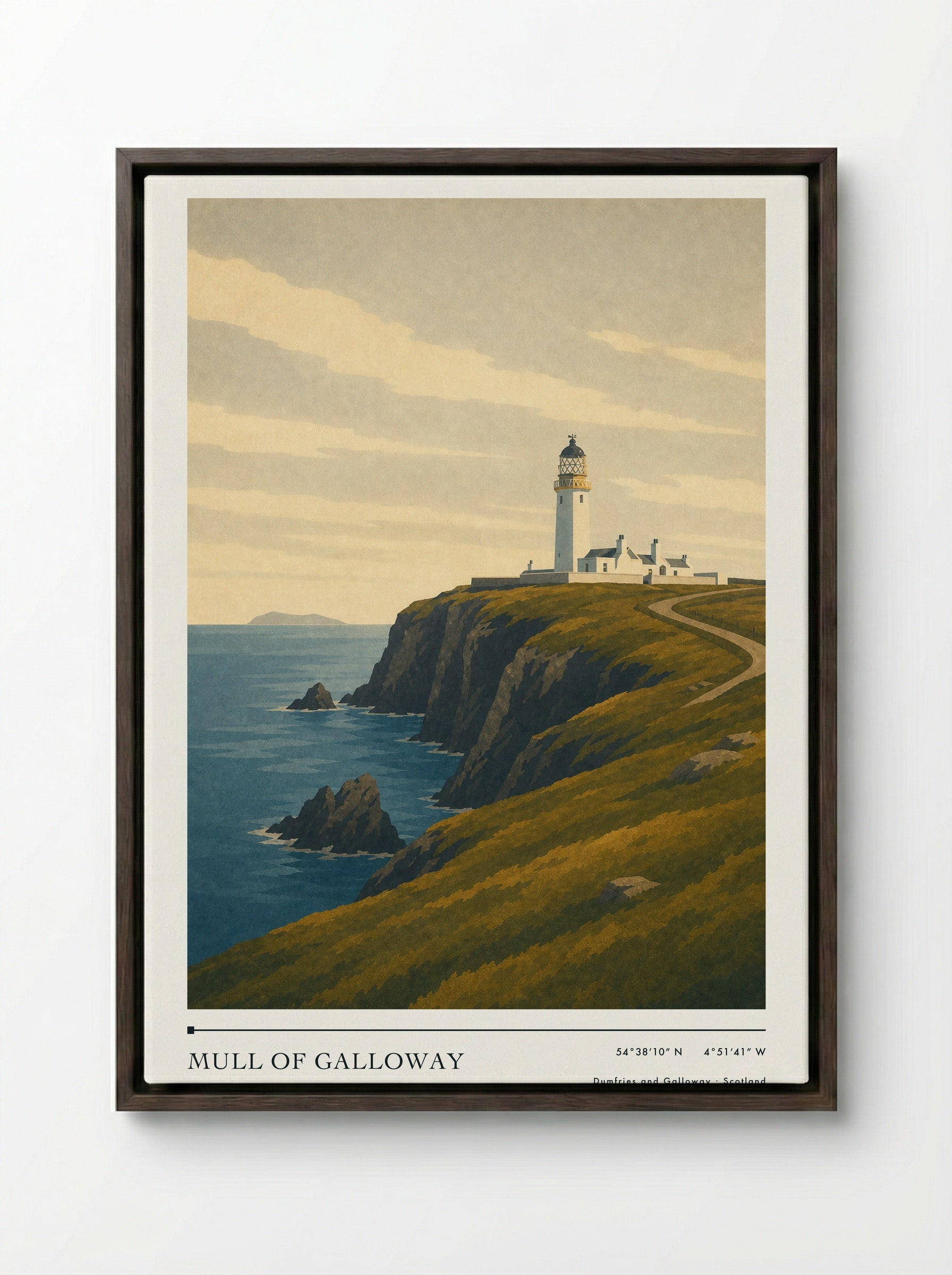 Mull of Galloway Travel Poster - Framed Canvas Dark Wood