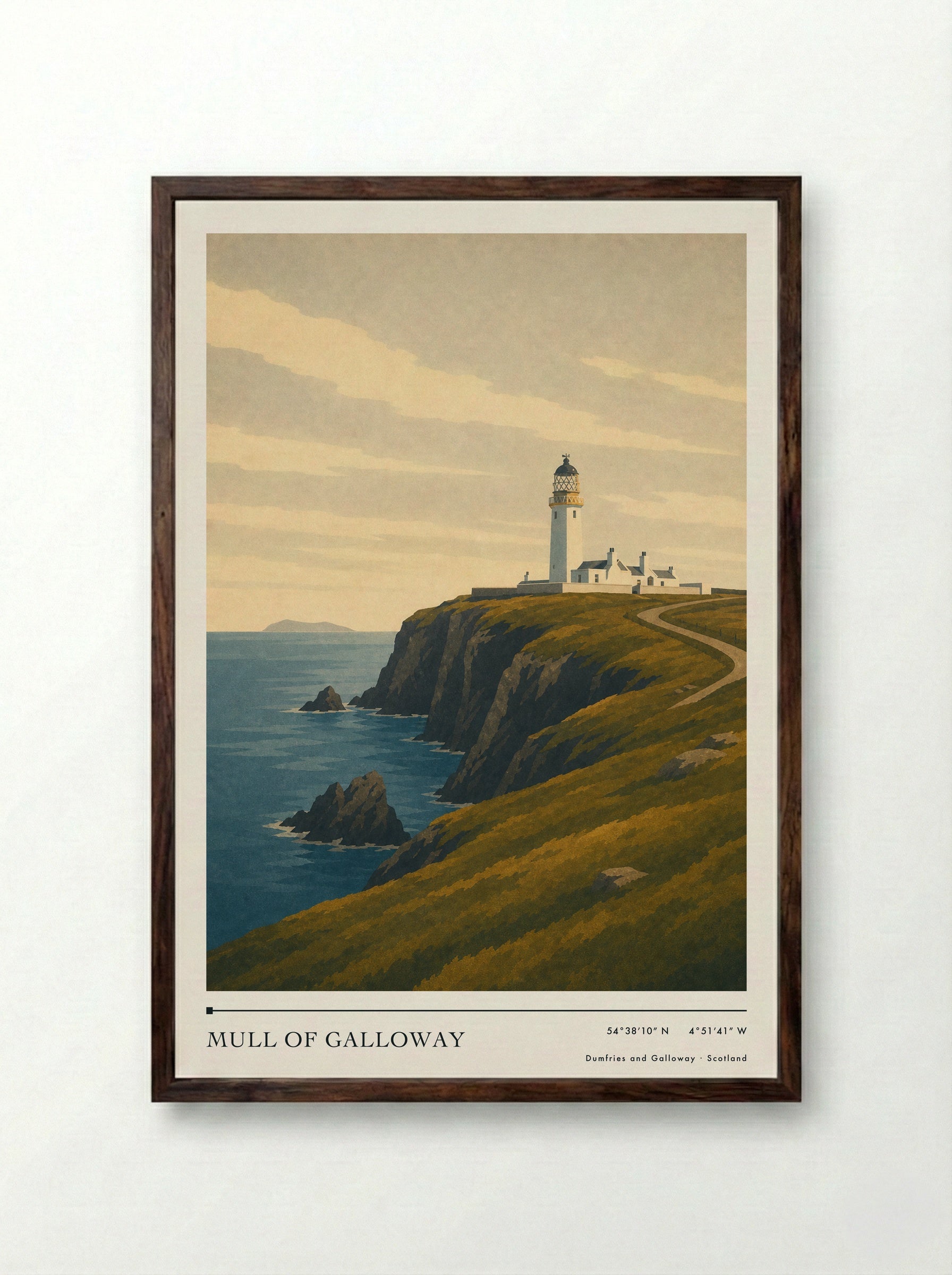 Mull of Galloway Travel Poster - Framed Print Dark Wood