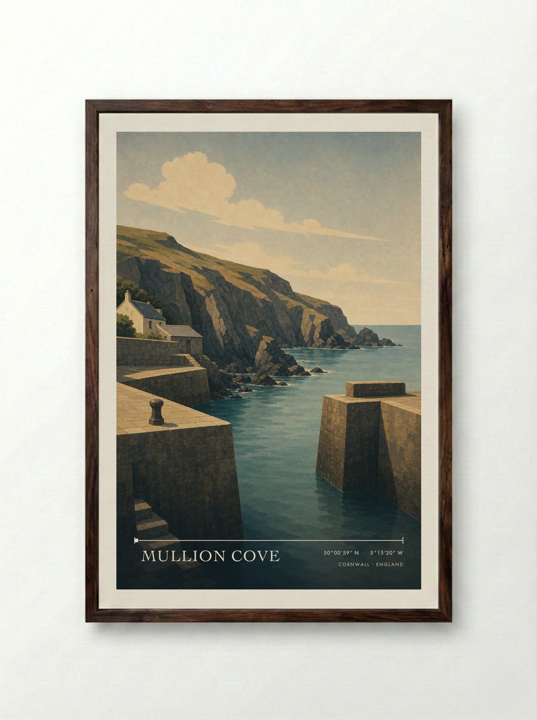 Mullion Cove Cornwall England Travel Poster - Framed Print Dark Wood
