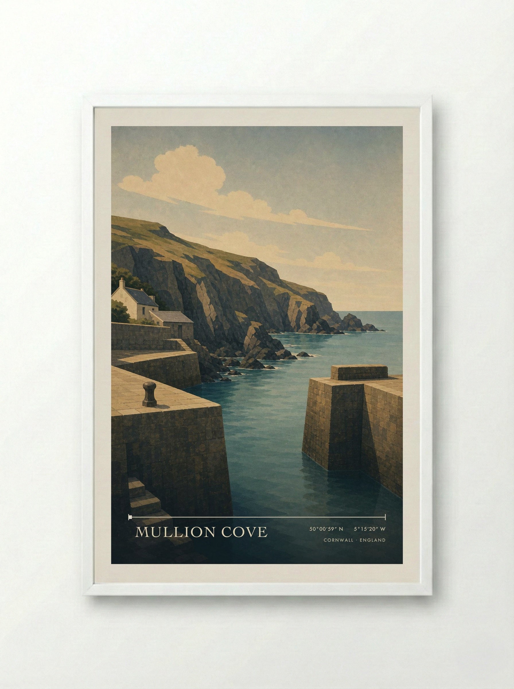 Mullion Cove Cornwall England Travel Poster - Framed Print White