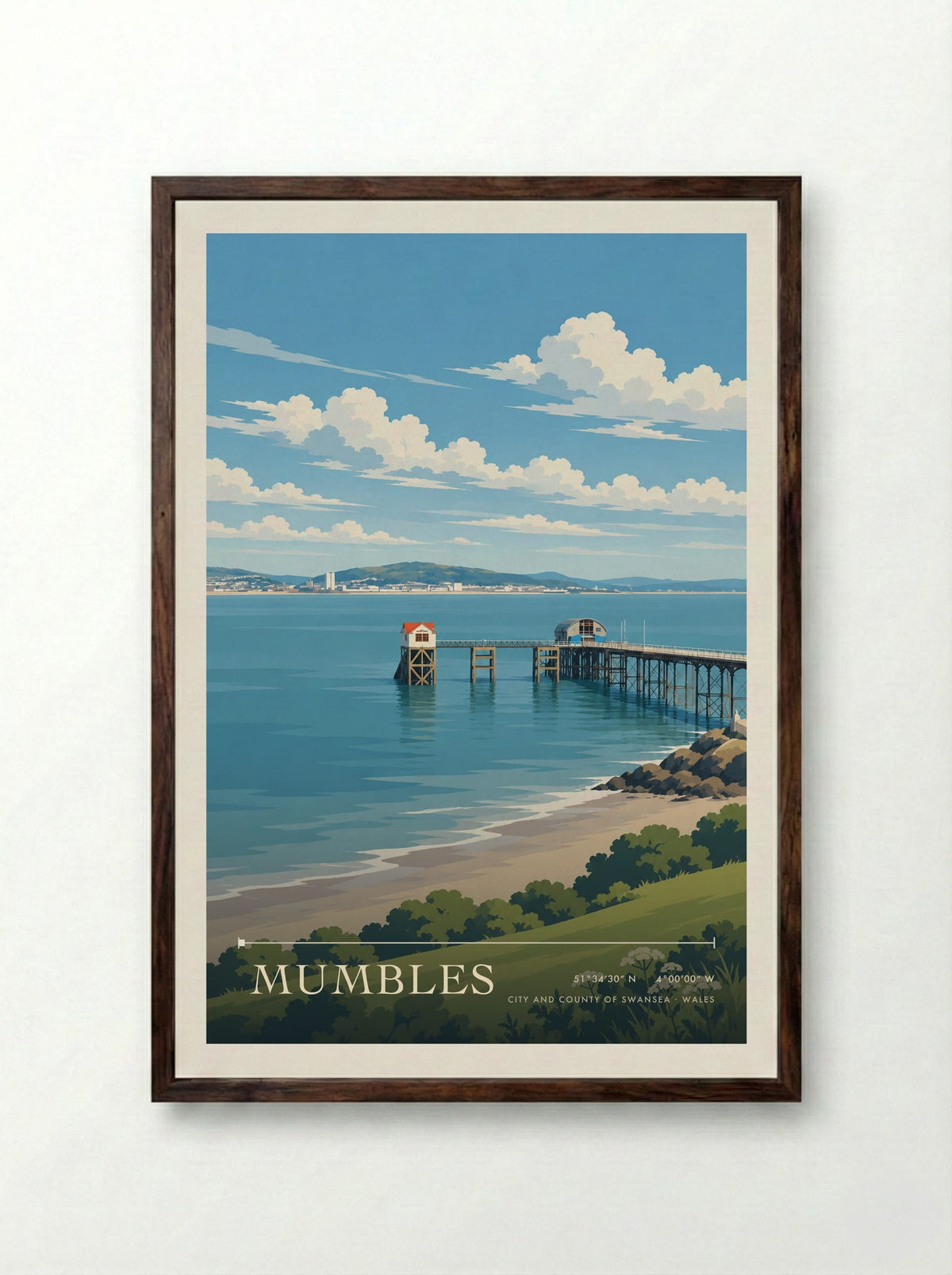 Mumbles, City and County of Swansea | Travel Poster - Framed Print Dark Wood
