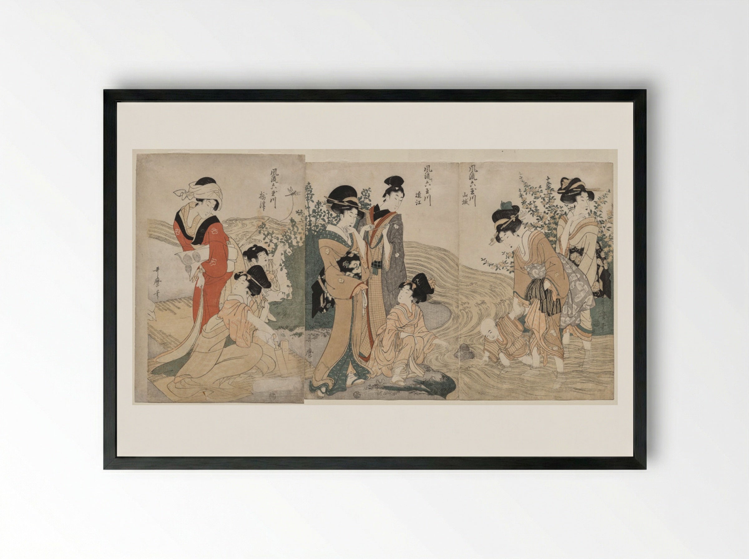 Musashi, Omi, Yamashiro, and Settsu Provinces from the series Fashionable Six Jewel Rivers (Furyu Mu Tamagawa) - Kitagawa Utamaro - Framed Print Black