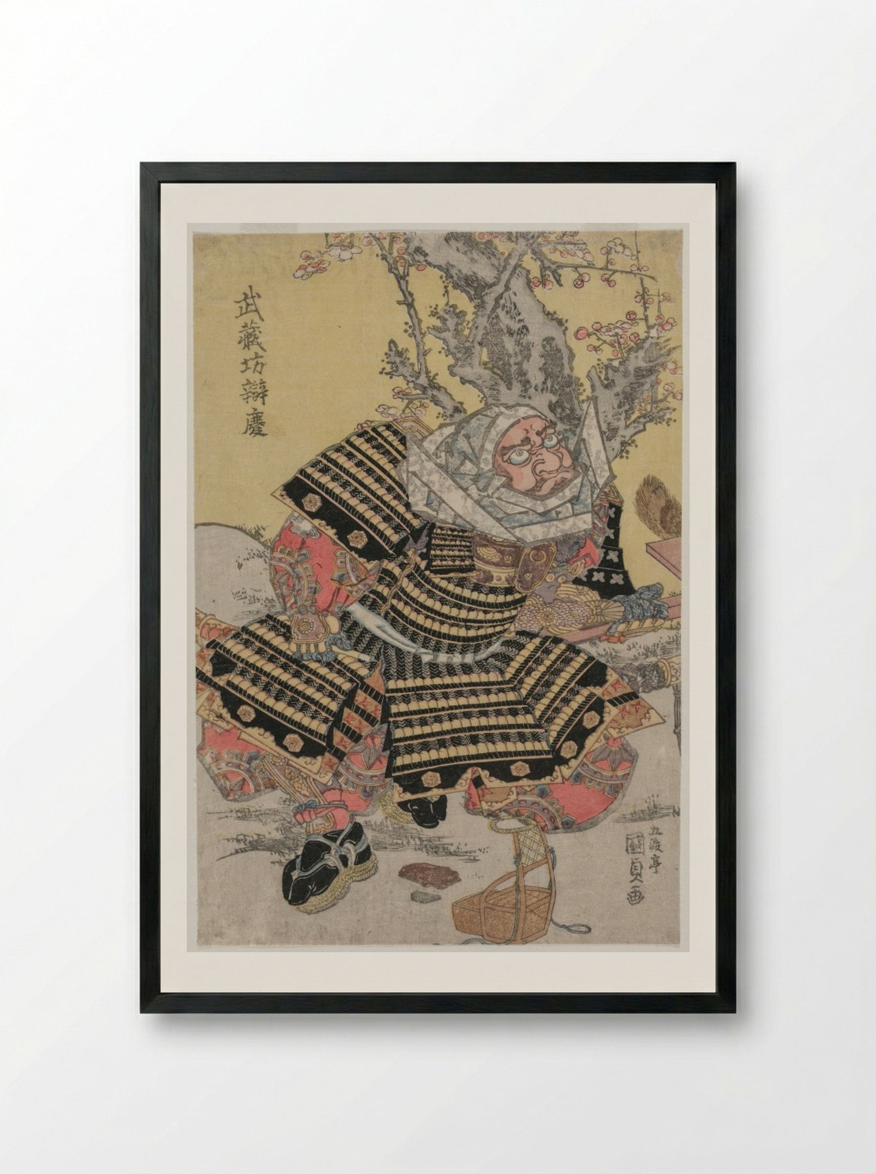 Musashibo Benkei Kneeling by a Plum Tree - Utagawa Kunisada - Framed Print Black
