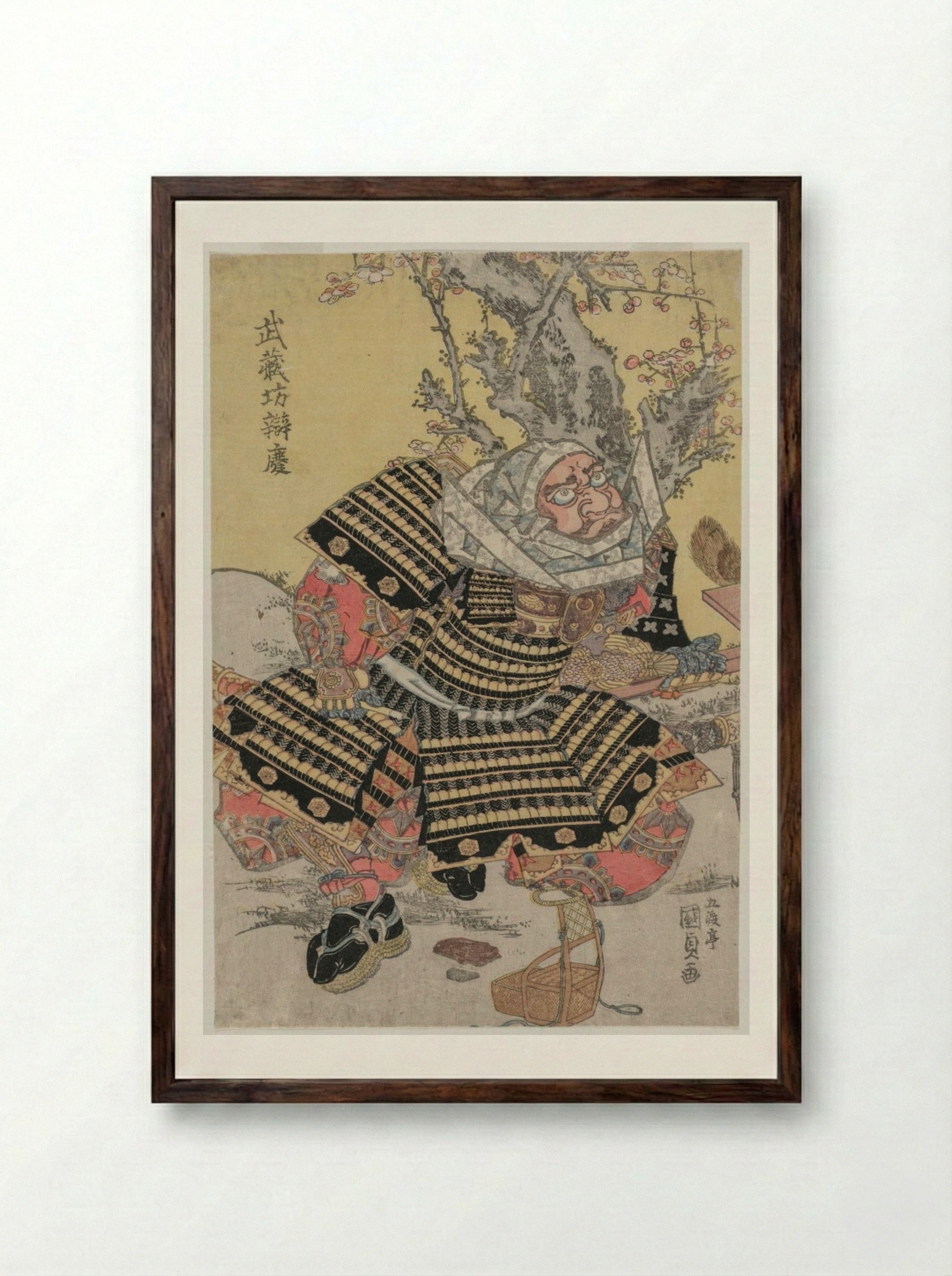 Musashibo Benkei Kneeling by a Plum Tree - Utagawa Kunisada - Framed Print Dark Wood