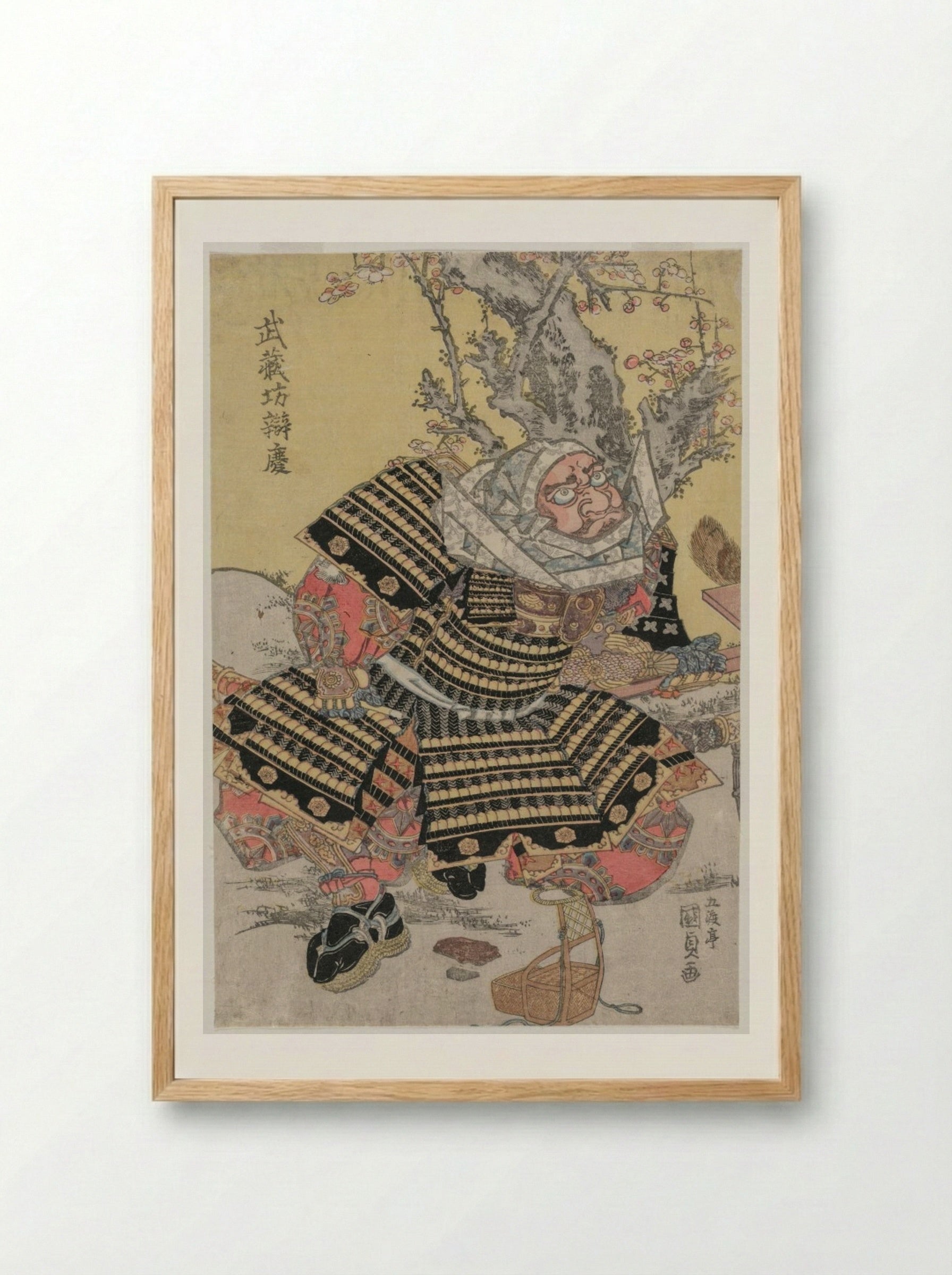Musashibo Benkei Kneeling by a Plum Tree - Utagawa Kunisada - Framed Print Wood