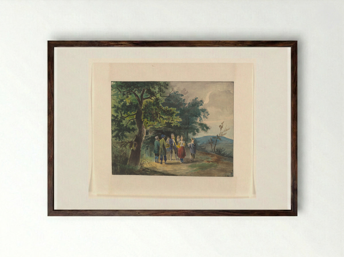 Musicerend gezelschap aan een bosrand - Johannes van Reijn - Framed Print Dark Wood
