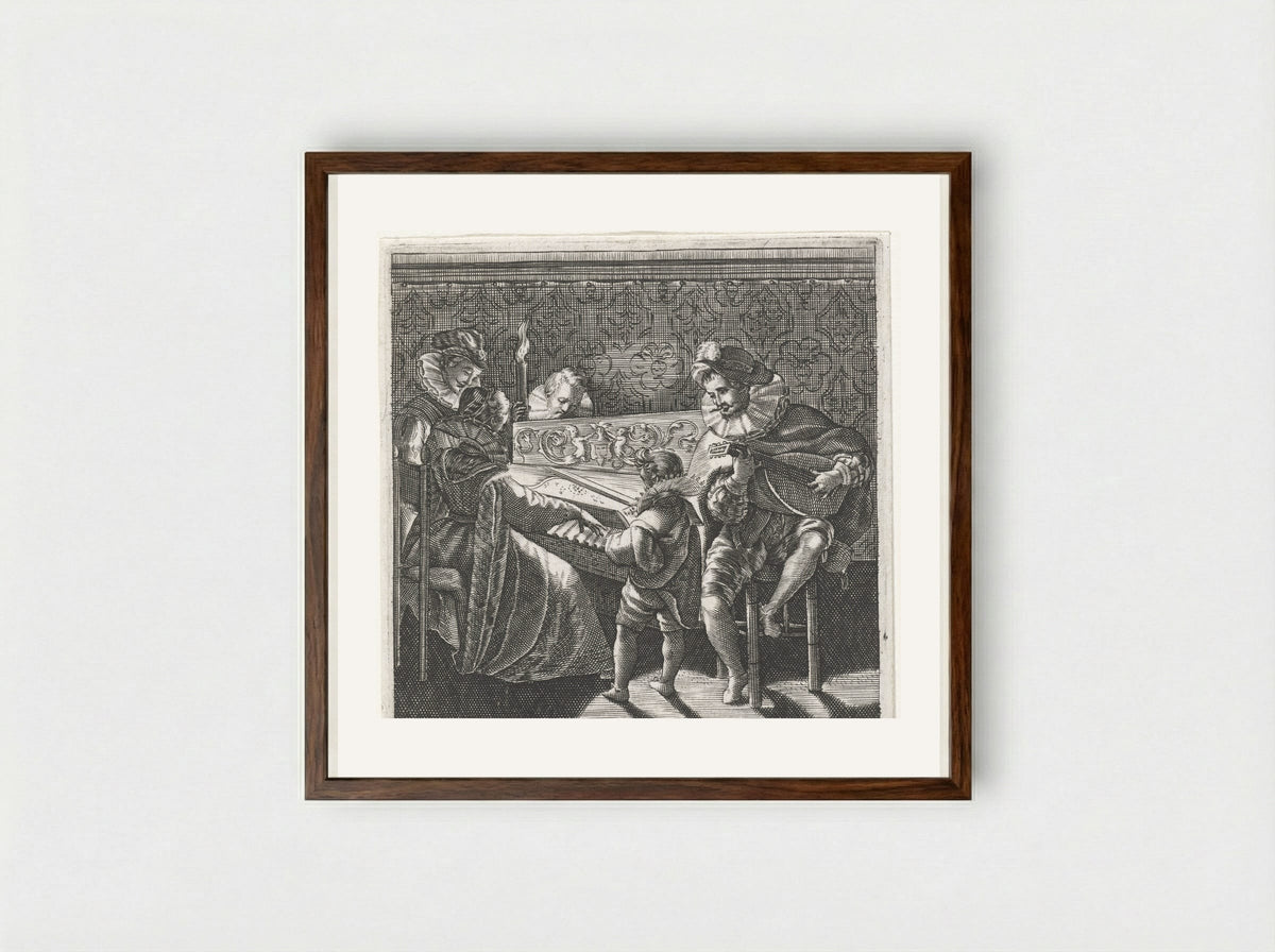 Musicerend gezelschap bij toortslicht - Johann Theodor de Bry - Framed Print Dark Wood